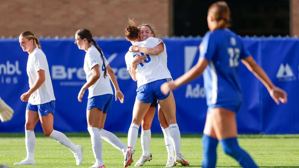 BYU women's soccer players Olivia Wade Katoa and Jamie Shepherd celebrate Katoa's goal during a 3-2 win over No. 21 Saint Louis, Thursday, Aug. 17, 2023, at South Field in Provo.
