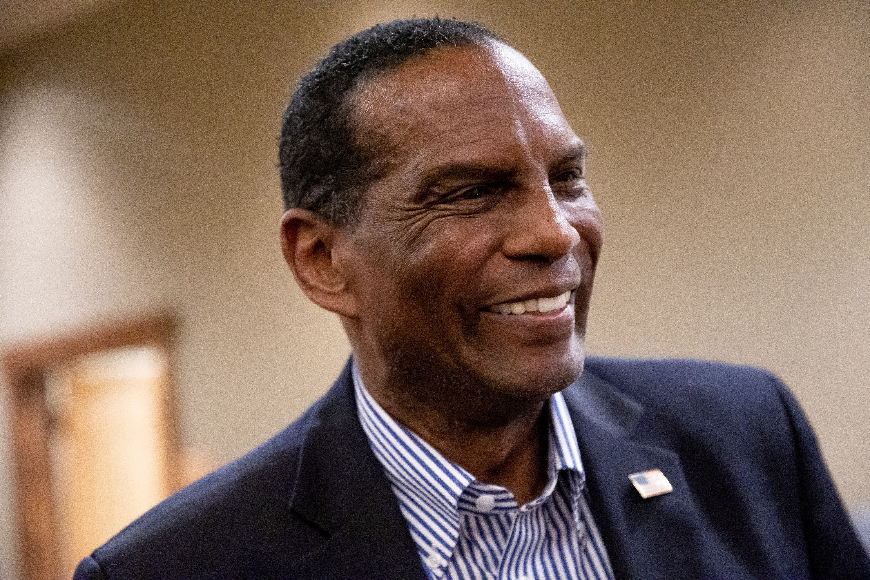 Rep. Burgess Owens, R-Utah, talks to constituents after a town hall meeting at City Hall in Eagle Mountain on Aug. 31, 2021. Owens said he is endorsing former President Donald Trump in his bid to run for president again.