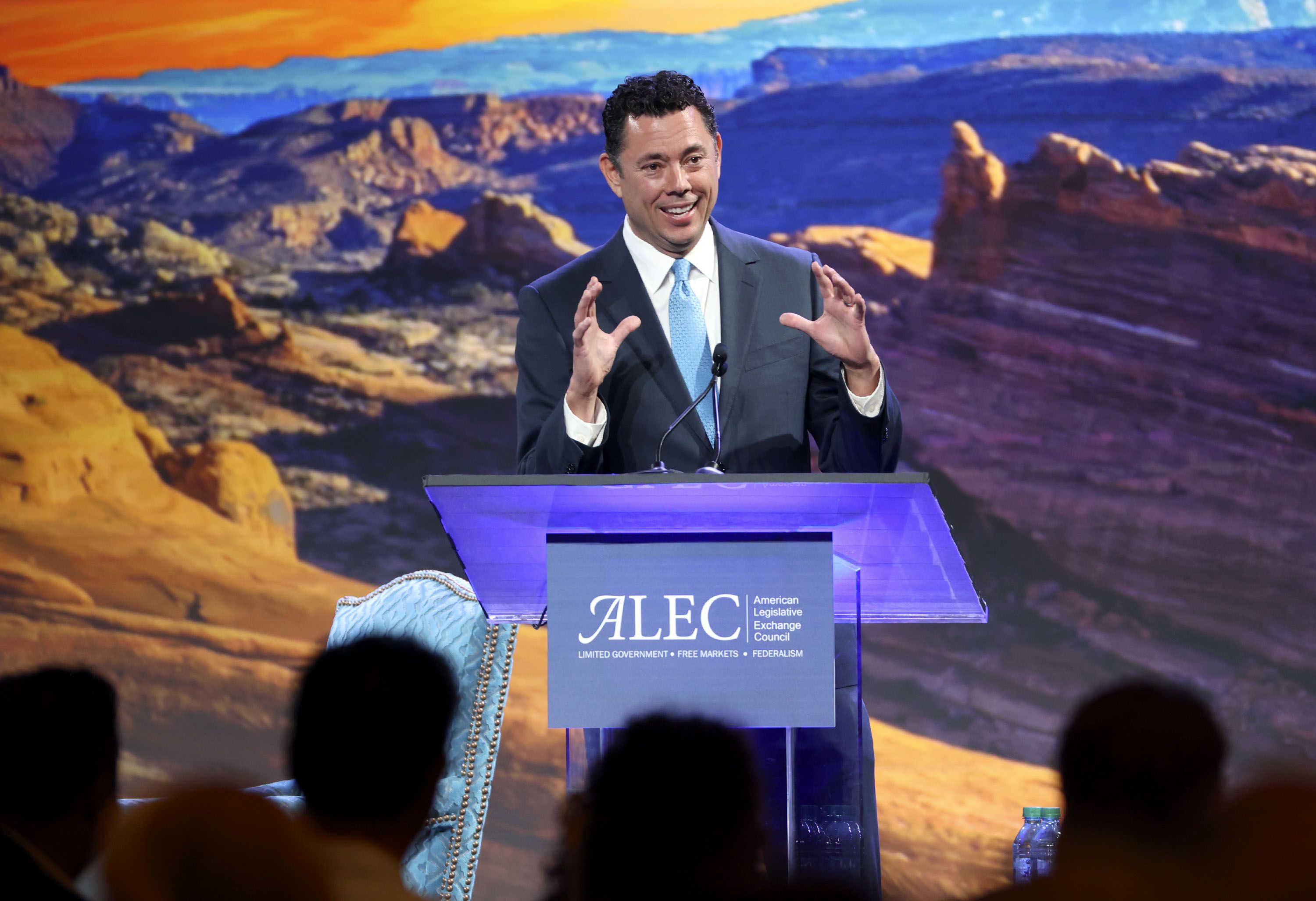 Former Utah Rep. Jason Chaffetz speaks during the American Legislative Exchange Council conference at the Grand America Hotel in Salt Lake City on July 30, 2021. Chaffetz said he's unlikely to run for Senate next year, and instead is leaning toward a future run for governor.