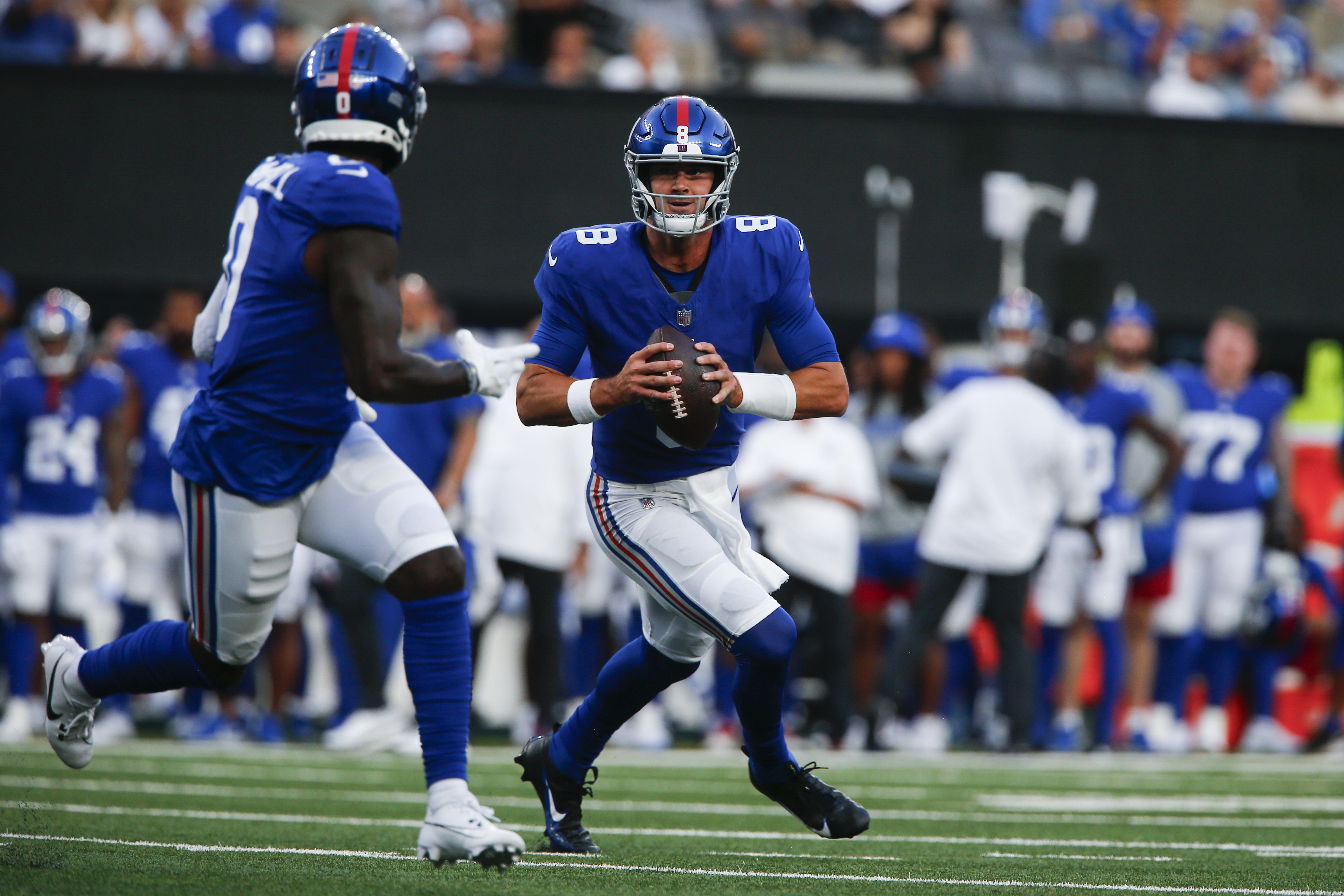 New York Giants quarterback Daniel Jones looks to throw during the first half of an NFL preseason football game against the Carolina Panthers, Friday, Aug. 18, 2023, in East Rutherford, N.J.
