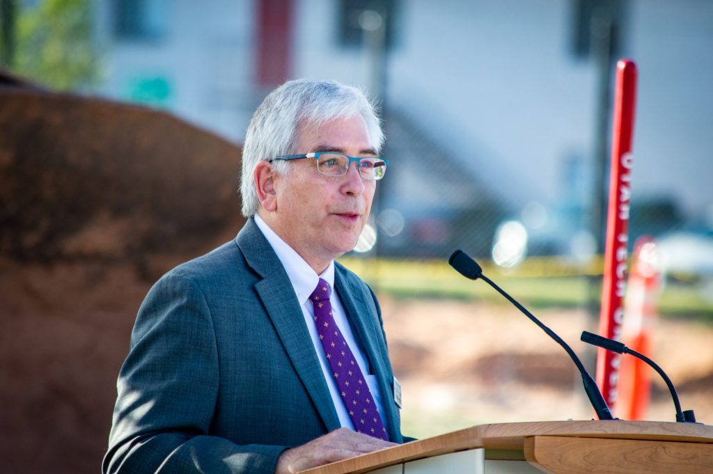 Utah Tech University College of Humanities and Social Services Dean Stephen Lee speaks at a groundbreaking ceremony for a new General Classrooms building, St. George, Thursday.