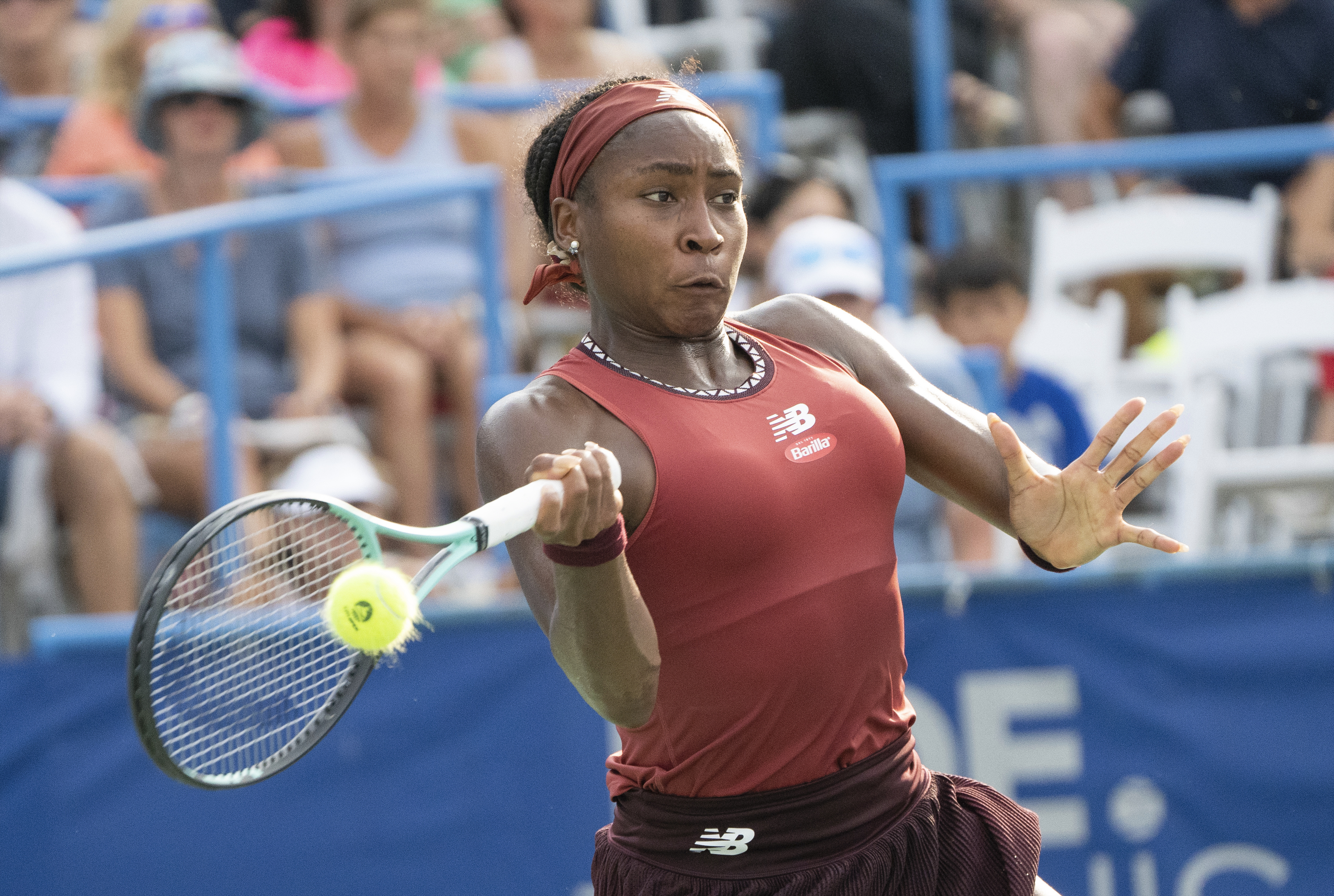 Coco Gauff hits the ball back against Liudmila Samsonova during the semifinals of the DC Open tennis tournament, Saturday, Aug. 5, 2023 in Washington, D.C. 