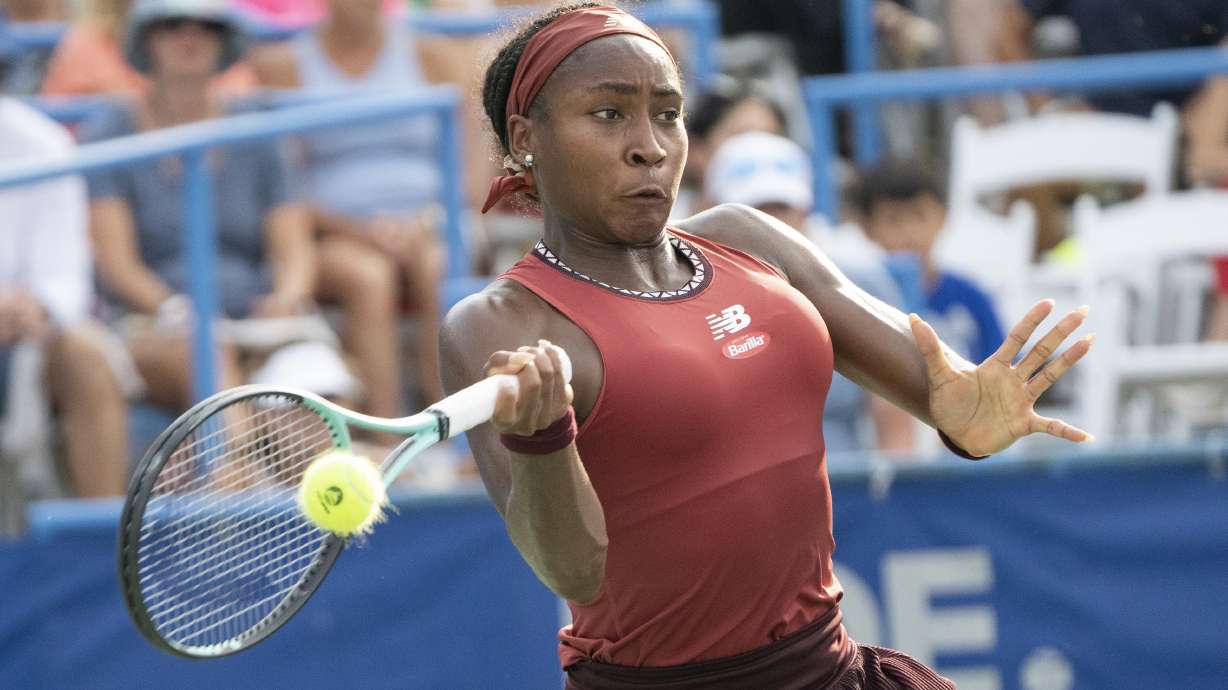 Coco Gauff hits the ball back against Liudmila Samsonova during the semifinals of the DC Open tennis tournament, Saturday, Aug. 5, 2023 in Washington, D.C.