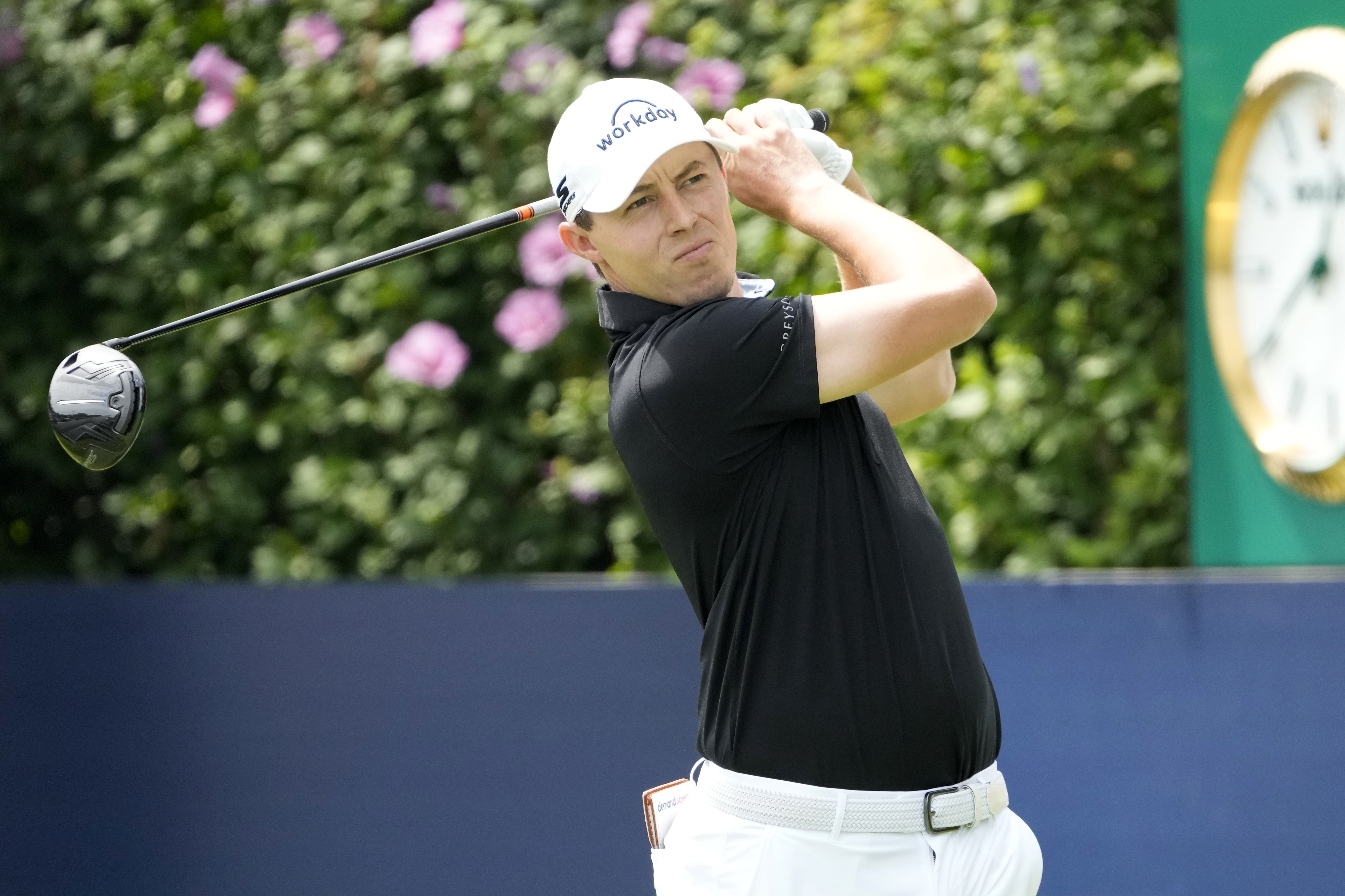 Matt Fitzpatrick watches his tee shot on the first hole during the third round of the BMW Championship golf tournament, Saturday, Aug. 19, 2023, in Olympia Fields, Ill. 