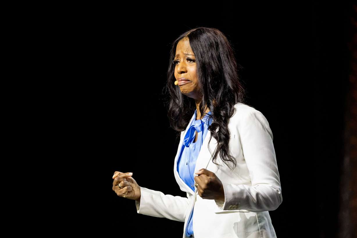 Former Utah congresswoman Mia Love gives an emotional talk at the Together in Christ Utah YSA Conference at the Salt Palace in Salt Lake City on Saturday. Love detailed in her speech that she has been battling brain cancer for the last year and a half.