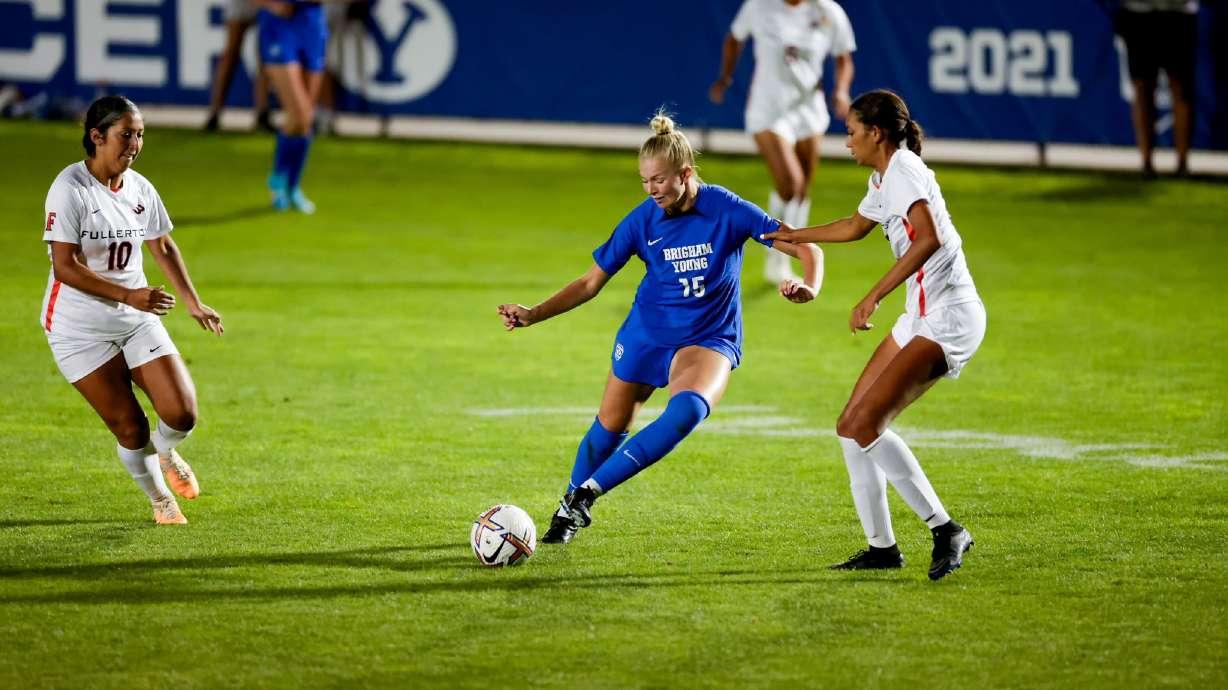 BYU forward Ellie Walbruch scored her first official goal since transferring from UCLA during a 4-1 win over Cal State Fullerton, Saturday, Aug. 19, 2023, at South Field in Provo.