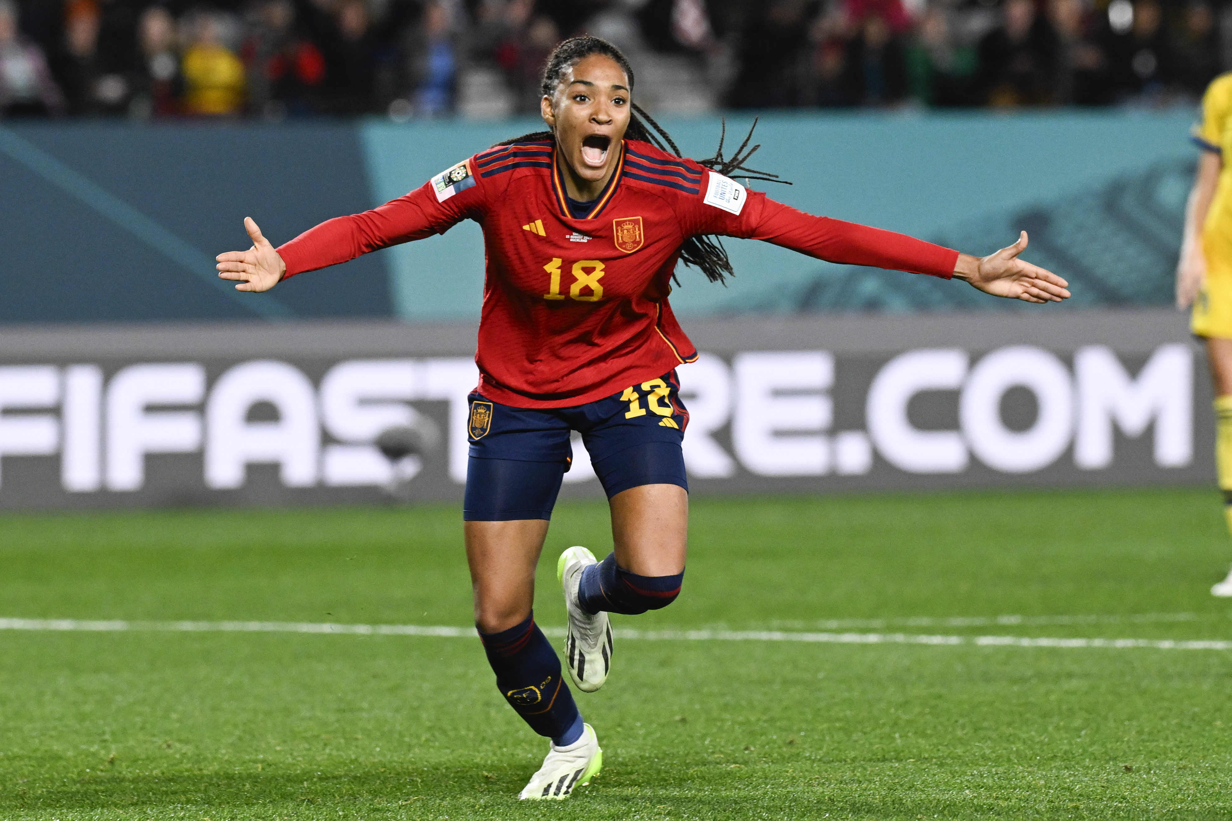 Spain's Salma Paralluelo celebrates after scoring her team's first goal during the Women's World Cup semifinal soccer match between Sweden and Spain at Eden Park in Auckland, New Zealand, Tuesday, Aug. 15, 2023. 