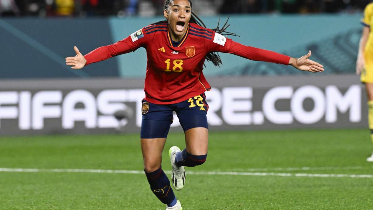 Spain's Salma Paralluelo celebrates after scoring her team's first goal during the Women's World Cup semifinal soccer match between Sweden and Spain at Eden Park in Auckland, New Zealand, Tuesday, Aug. 15, 2023.