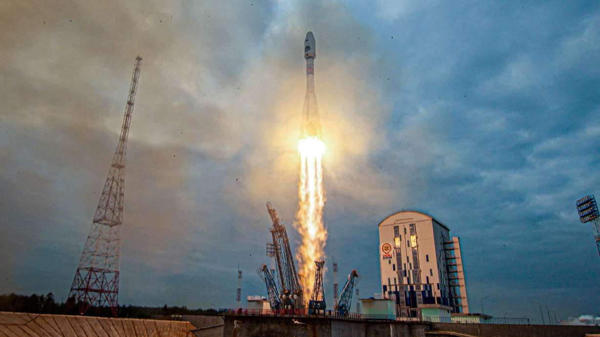 A Soyuz-2.1b rocket booster with a Fregat upper stage and the lunar landing spacecraft Luna-25 blasts off from a launchpad at the Vostochny Cosmodrome in the far eastern Amur region.