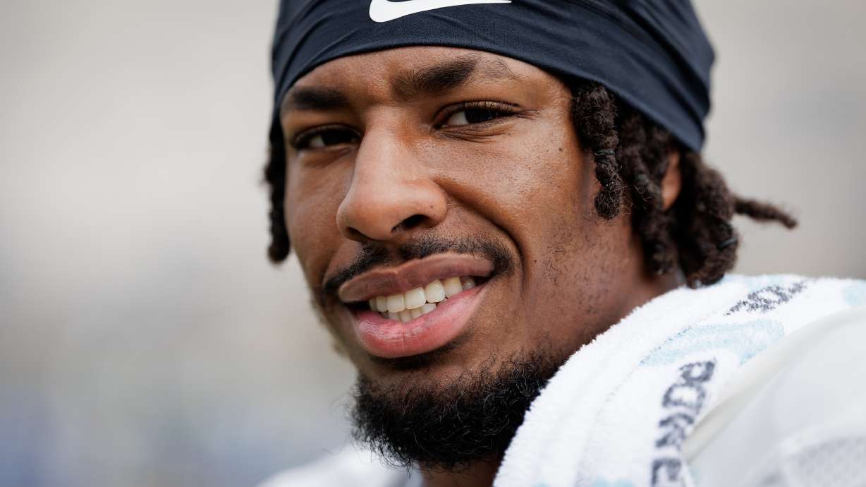 BYU running back Jaren Wilkey on the sidelines during fall training camp, Saturday, Aug. 19, 2023, at LaVell Edwards Stadium in Provo. After telling the Cougars "no" in his recruitment twice, the 6-foot-3, 240-pound graduate transfer is expected to be BYU's starting running back for the program's inaugural Big 12 campaign.