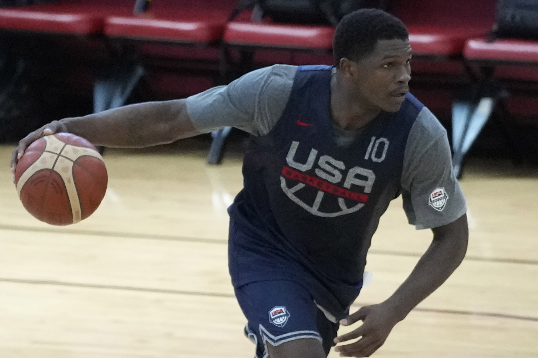 Anthony Edwards of the Minnesota Timberwolves drives up the court during training camp for the United States men's basketball team Thursday, Aug. 3, 2023, in Las Vegas. 