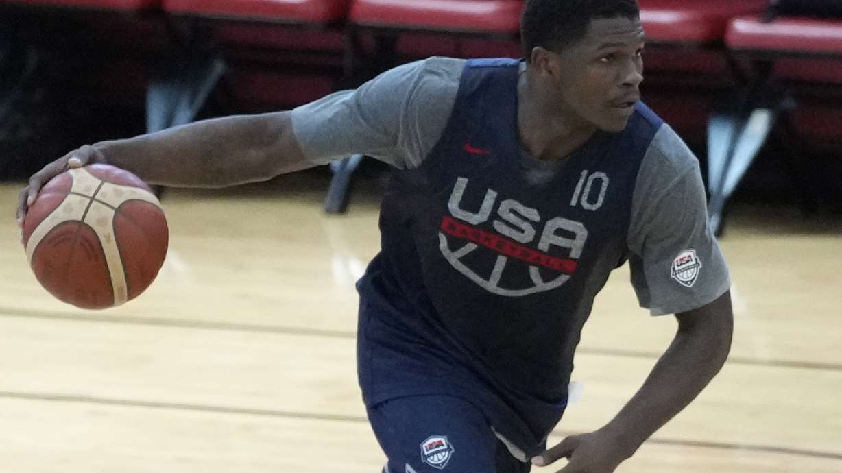 Anthony Edwards of the Minnesota Timberwolves drives up the court during training camp for the United States men's basketball team Thursday, Aug. 3, 2023, in Las Vegas.