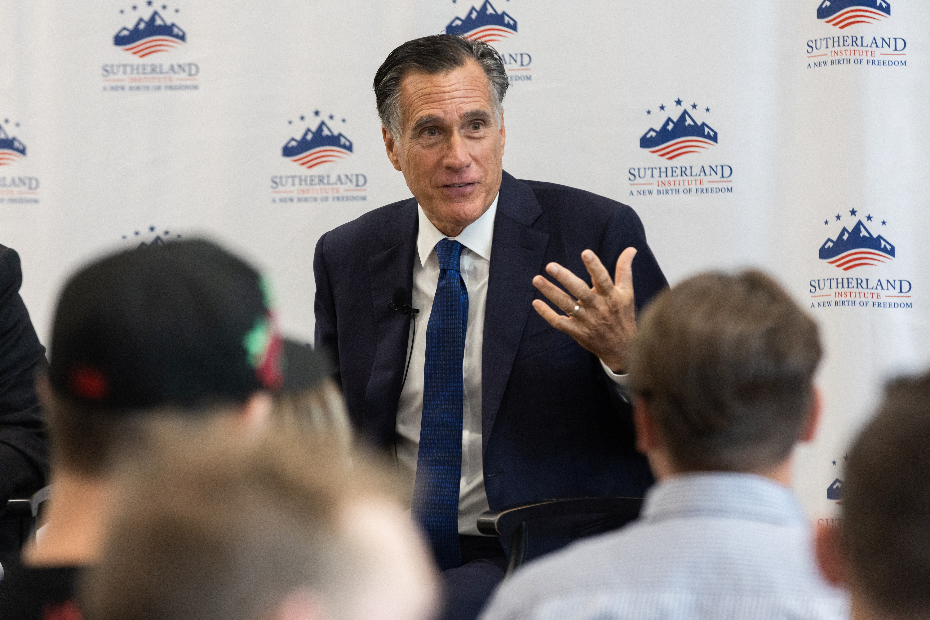 Utah Sen. Mitt Romney speaks to a group of students and community members as part of the Sutherland Institute's 2023 Congressional Series at the Hinckley Institute on the University of Utah campus in Salt Lake City on Monday.