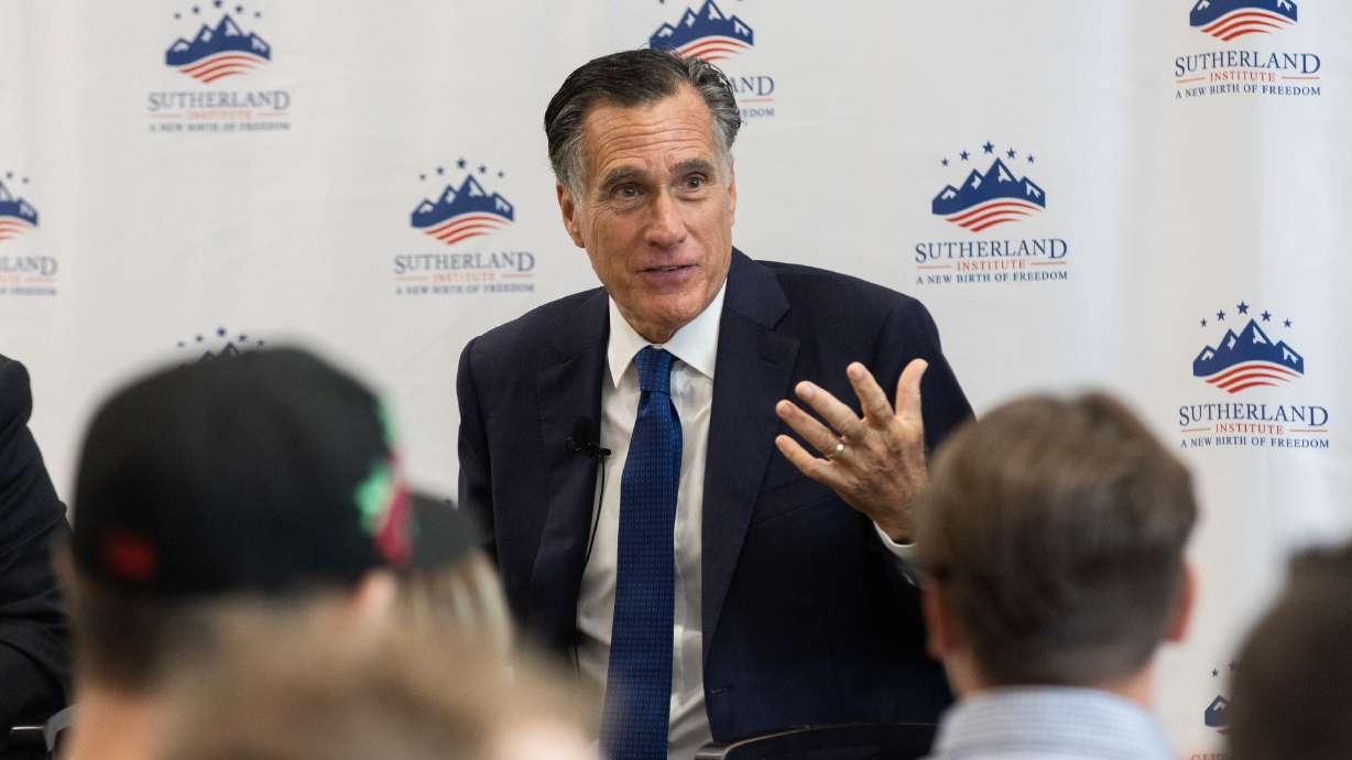 Utah Sen. Mitt Romney speaks to a group of students and community members as part of the Sutherland Institute's 2023 Congressional Series at the Hinckley Institute on the University of Utah campus in Salt Lake City on Monday.