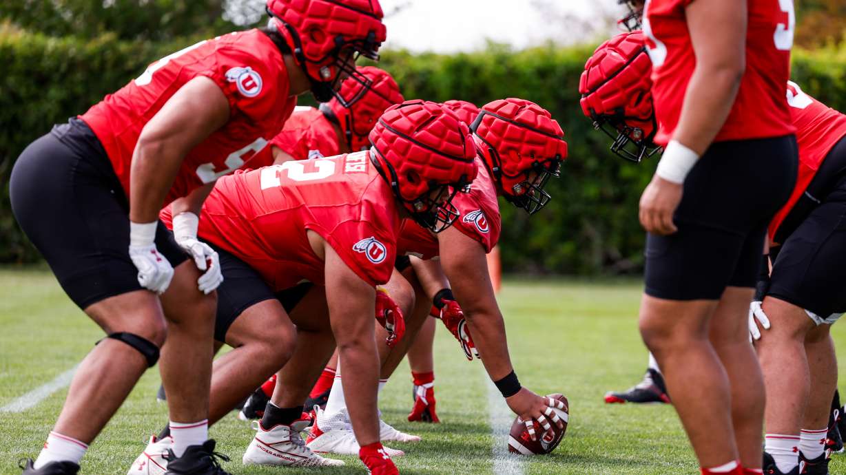 Utah's offensive linemen practice as part of fall camp in Salt Lake City on July 31, 2023.