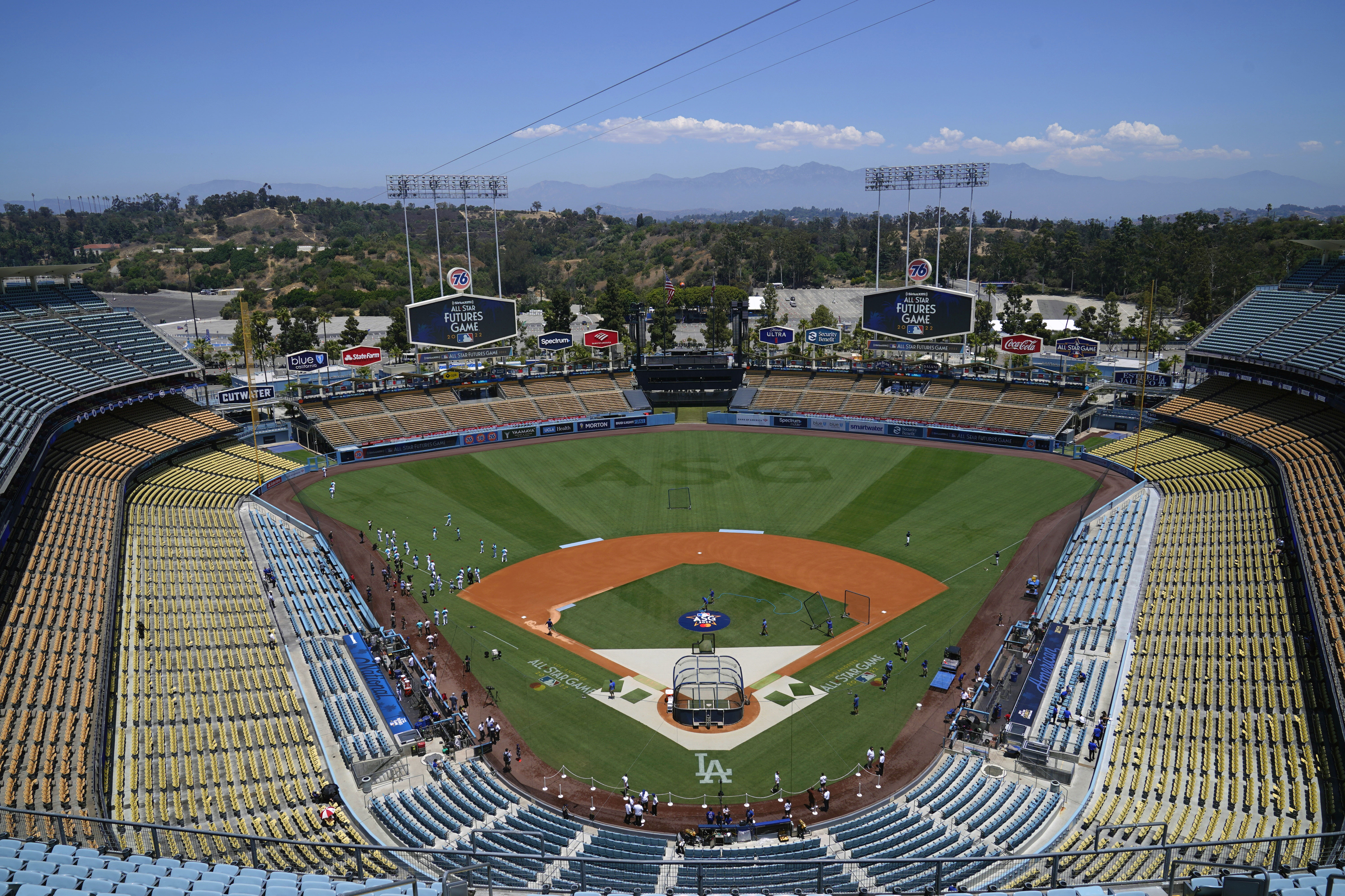 FILE - Dodger Stadium is viewed before the MLB All-Star Futures baseball game July 16, 2022, in Los Angeles. A viral aerial video of the stadium taken after the heavy downpour from Tropical Storm Hilary has many social media users convinced that floodwaters submerged the ballpark. But the team says it was never underwater. 