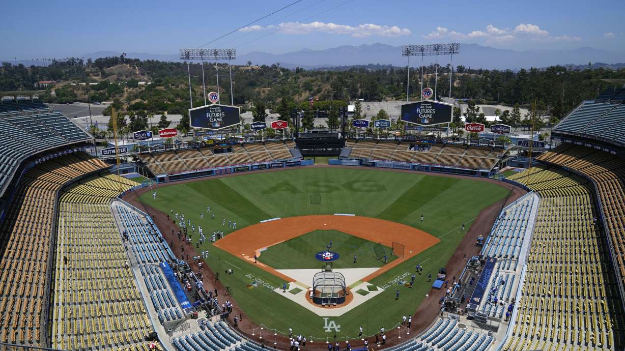 FILE - Dodger Stadium is viewed before the MLB All-Star Futures baseball game July 16, 2022, in Los Angeles. A viral aerial video of the stadium taken after the heavy downpour from Tropical Storm Hilary has many social media users convinced that floodwaters submerged the ballpark. But the team says it was never underwater.