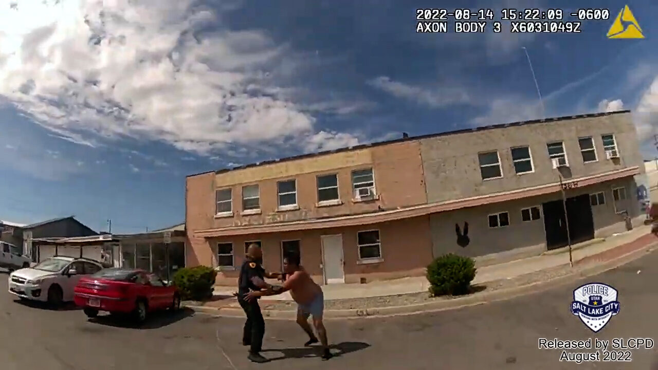 A body camera image shows Salt Lake police engaging with Nykon Brandon on Aug. 14, 2022.