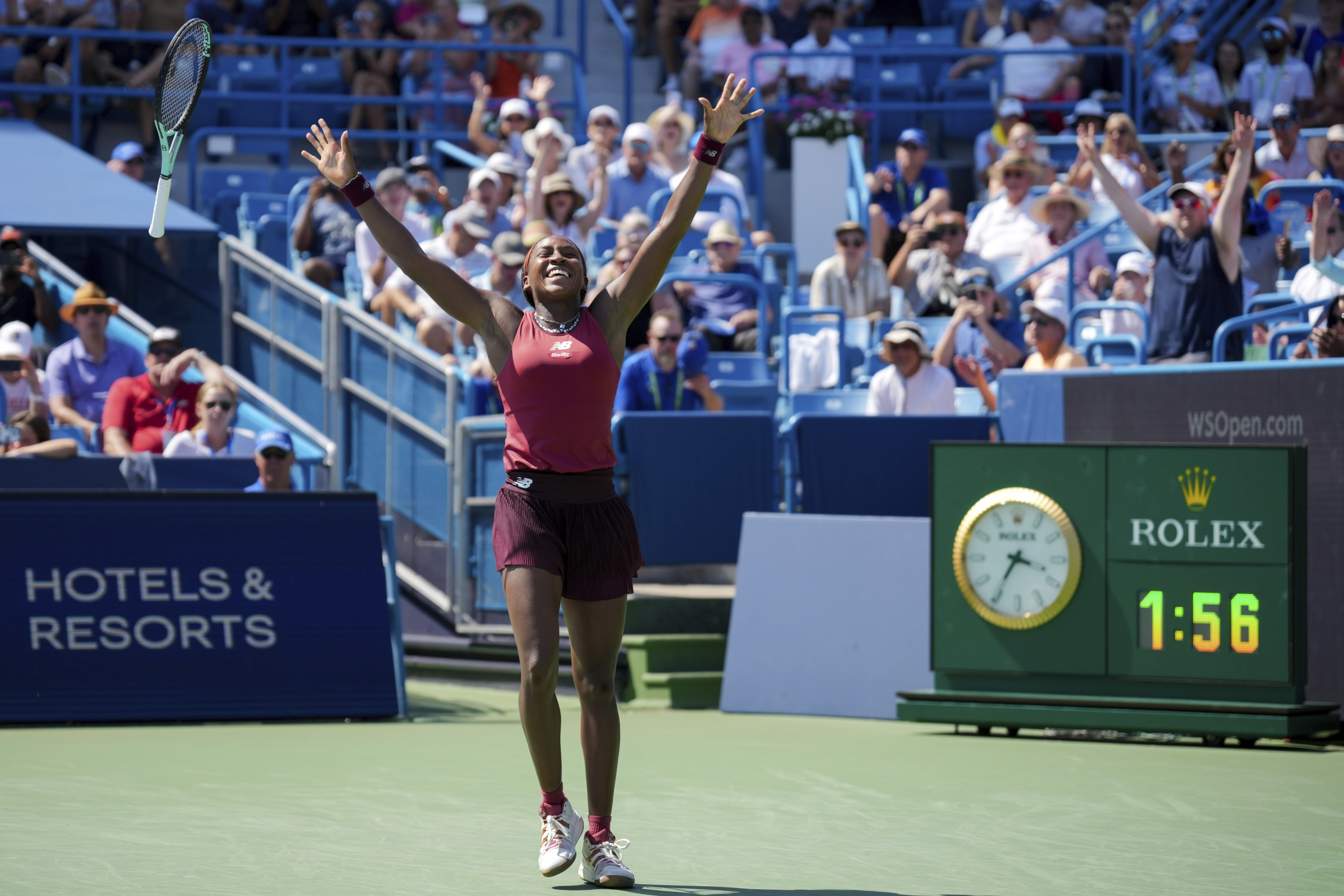 Coco Gauff, of the United States, celebrates match point against Karolina Muchova, of the Czech Republic, during the women's singles final of the Western & Southern Open tennis tournament, Sunday, Aug. 20, 2023, in Mason, Ohio. Gauff has won the two biggest titles of her career heading into the U.S. Open, where play begins on Aug. 28.