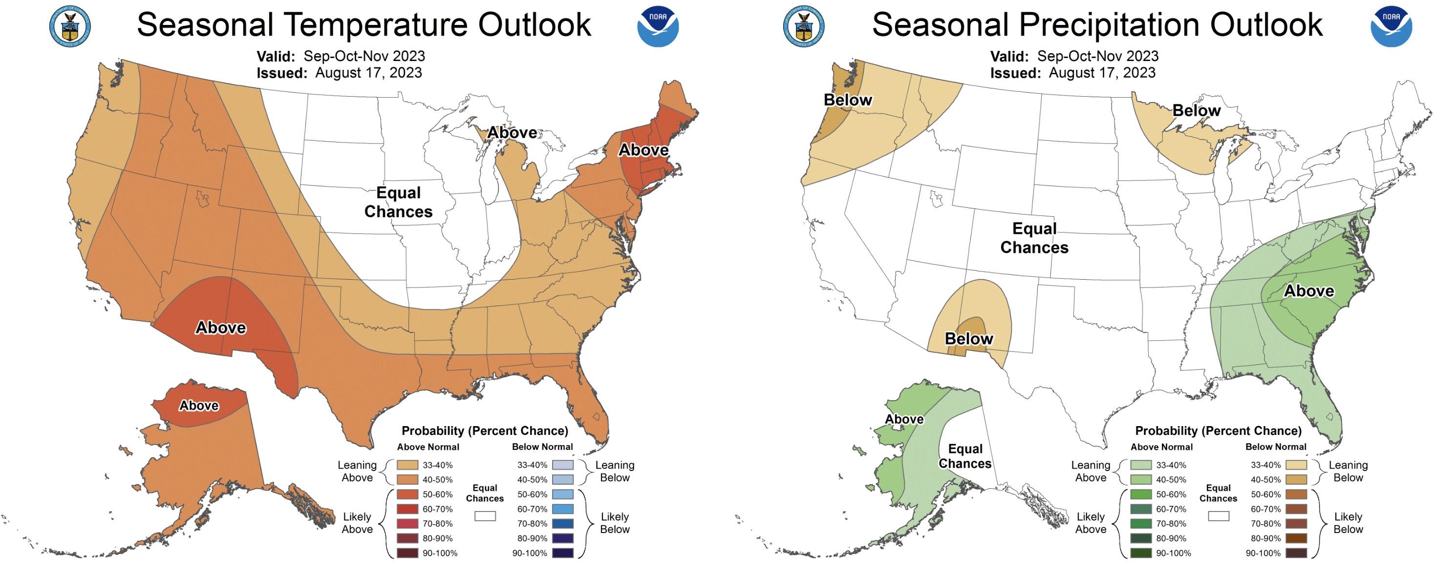 These maps show the long-range probabilities for temperature, left, and precipitation, right, for the meteorological fall months of September, October and November. Utah is listed as having a higher probability of above-normal temperatures, but its precipitation expectations aren't clear.