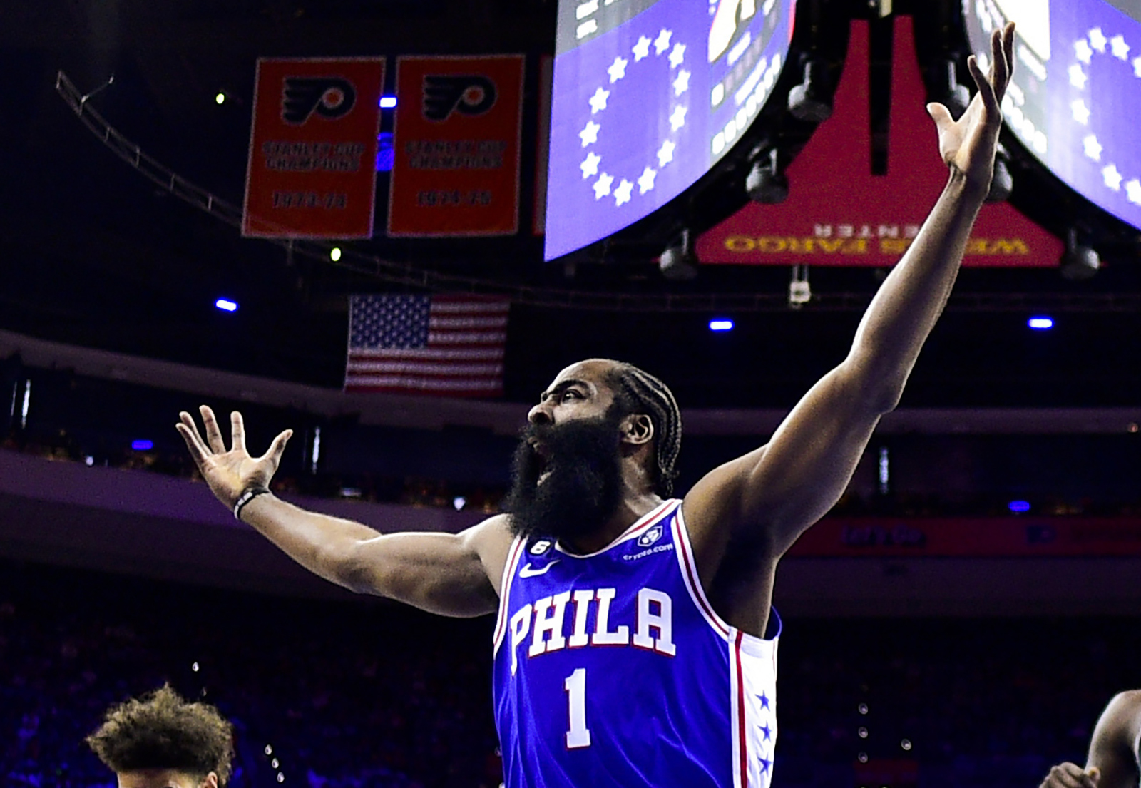 FILE - Philadelphia 76ers' James Harden (1) reacts after a play in the first half during Game 2 in the first round of the NBA basketball playoffs against the Brooklyn Nets, Monday, April 17, 2023, in Philadelphia. Harden appears determined to sever ties with the Philadelphia 76ers after the star guard called team president Daryl Morey a liar at a promotional event at China.