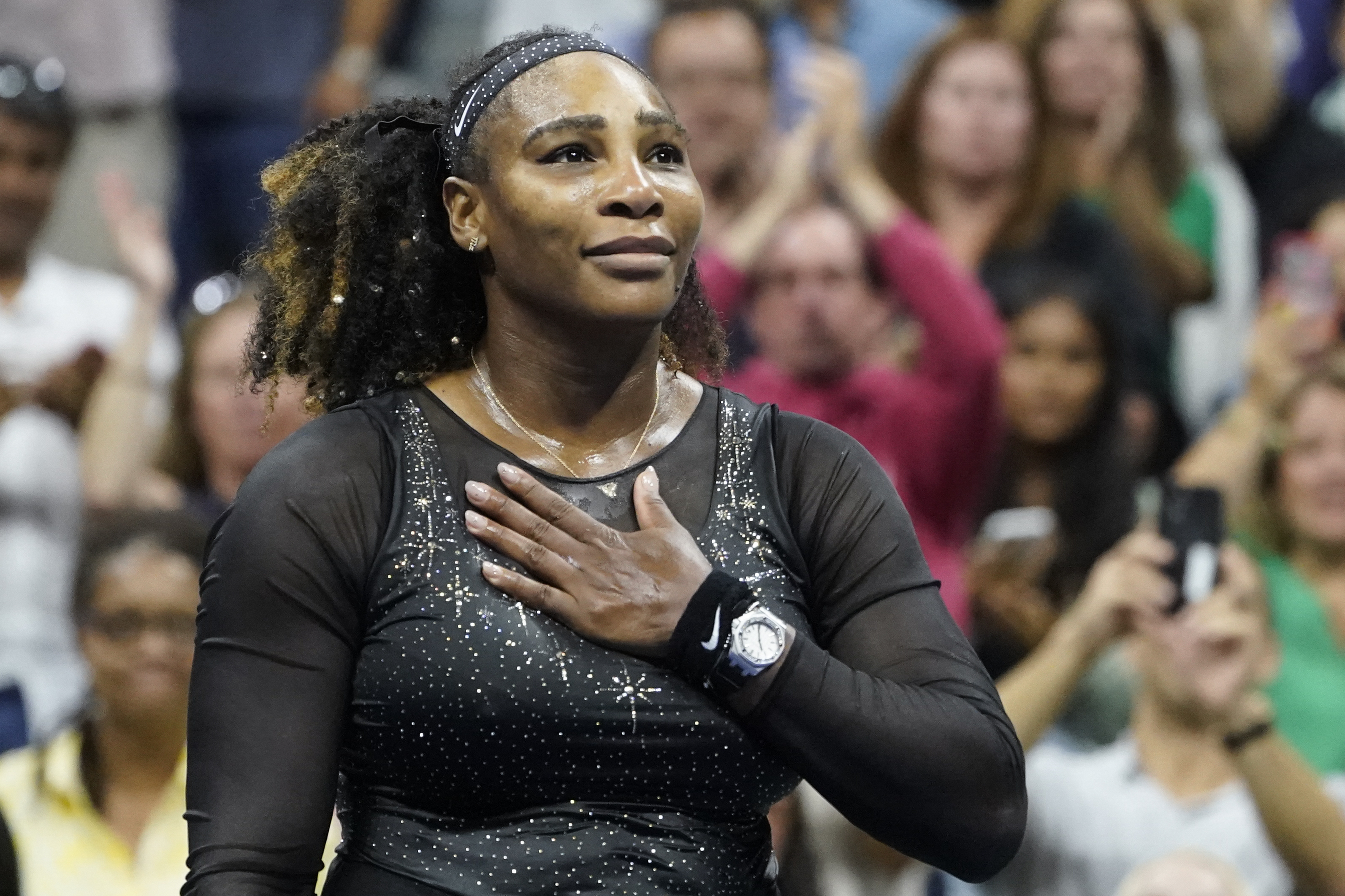 FILE - Serena Williams acknowledges the crowd after losing to Ajla Tomljanovic, of Austrailia, during the third round of the U.S. Open tennis championships, Friday, Sept. 2, 2022, in New York. Williams played in her last tournament at the 2022 U.S. Open. This year’s tournament begins at Flushing Meadows on Aug. 28. 