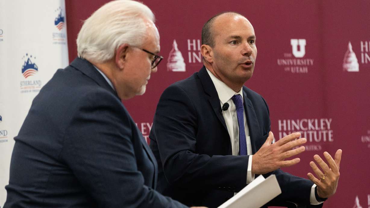 Utah Sen. Mike Lee speaks at the Sutherland Institute's 2023 Congressional Series at the University of Utah Hinckley Institute in Salt Lake City on Tuesday.