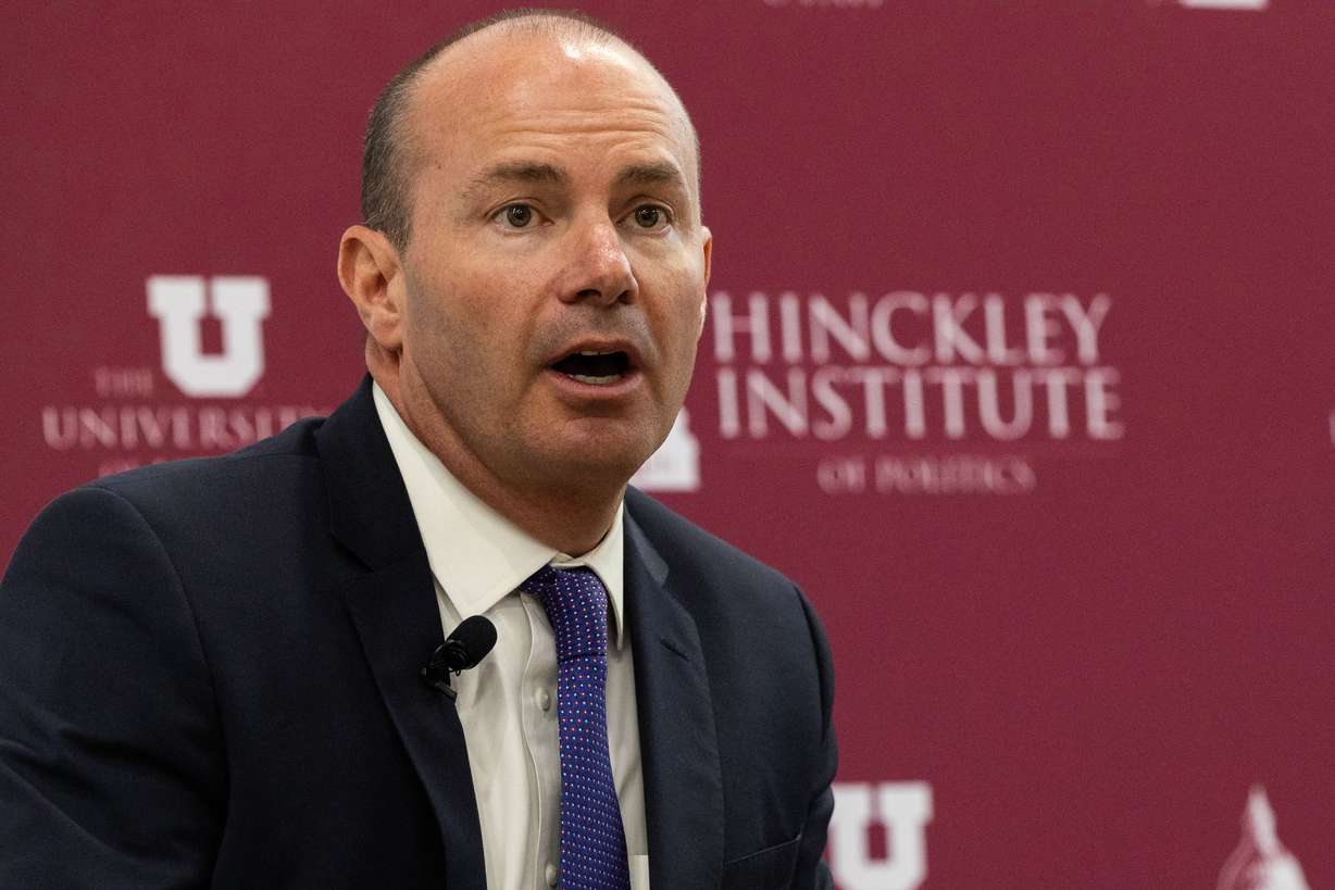 Utah Sen. Mike Lee speaks at the Hinckley Institute on the University of Utah campus in Salt Lake City on Aug. 22. Lee defended a Senate colleague for holding up hundreds of military promotions in opposition to a Pentagon policy on abortion.