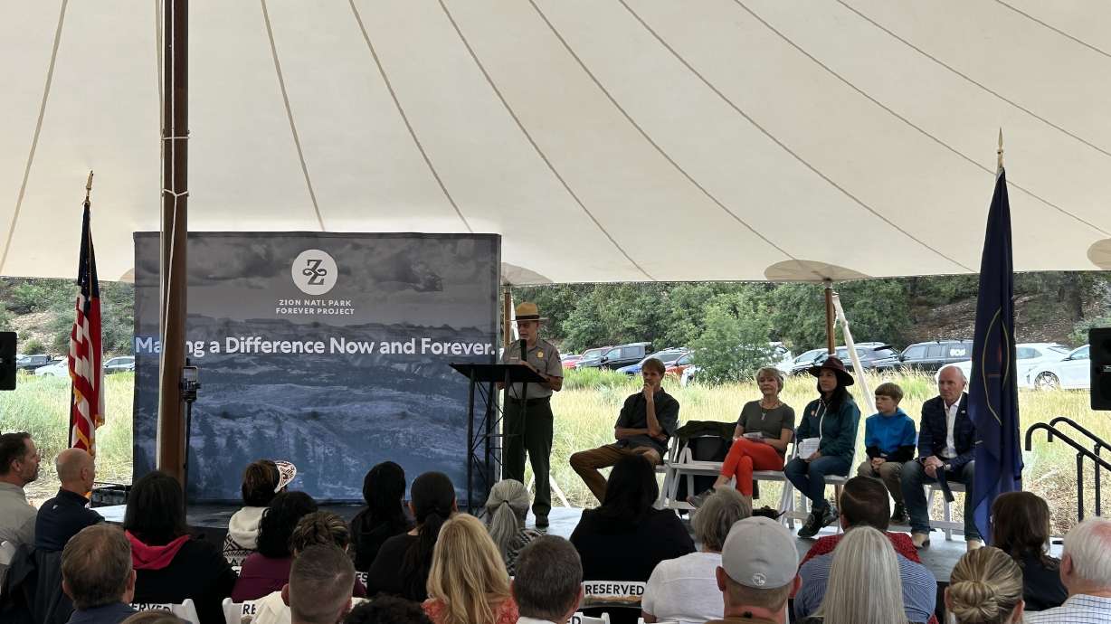 Zion National Park Superintendent Jeff Bradybaugh speaks at a seed planting event for the new Zion National Park Discovery Center in Orderville on Tuesday afternoon. The building is slated to open in 2025.