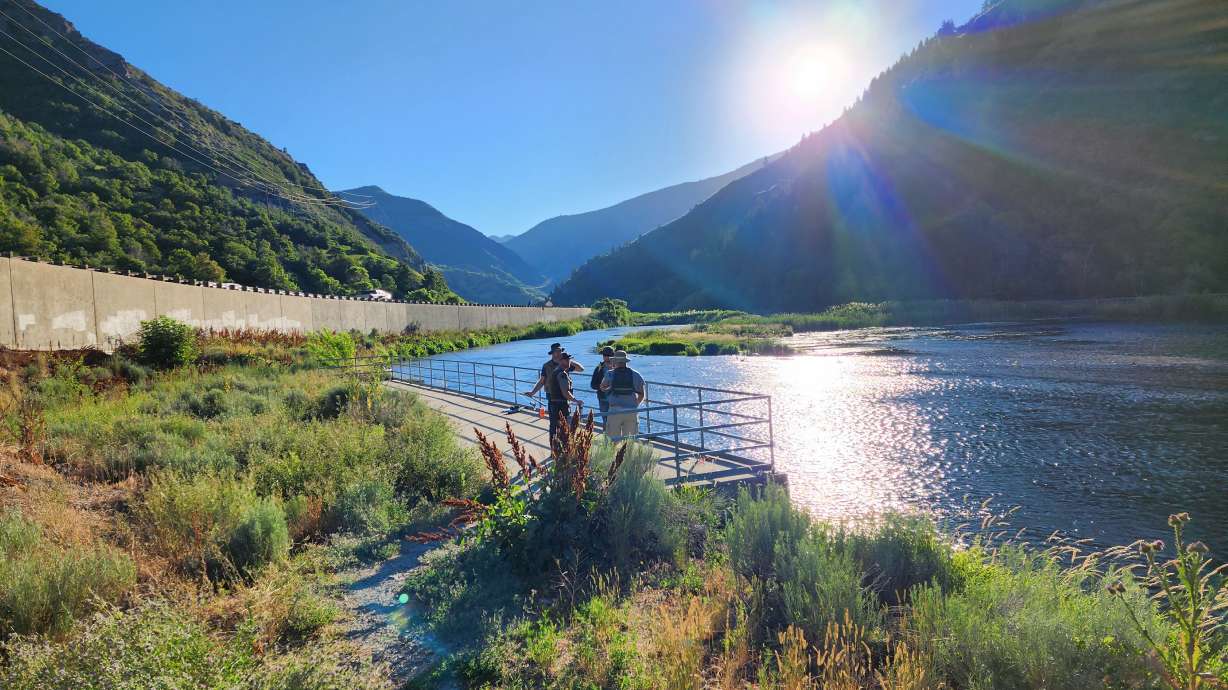 Utah Division of Wildlife Resources conservation officer Devin Shirley checks fishing licenses on the lower Provo River, in Provo Canyon.