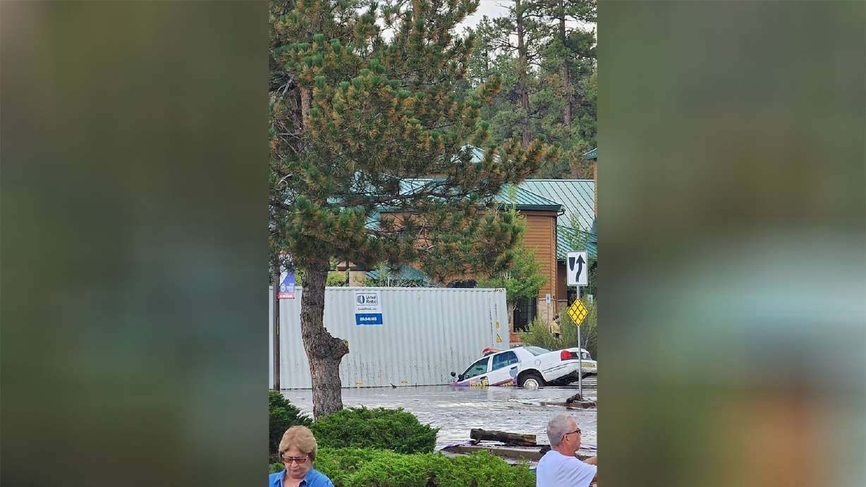 Grand Canyon National Park shared this image of a law enforcement vehicle in the floodwater in Tusayan on Tuesday. Heavy flooding prompted calls to shelter in place.