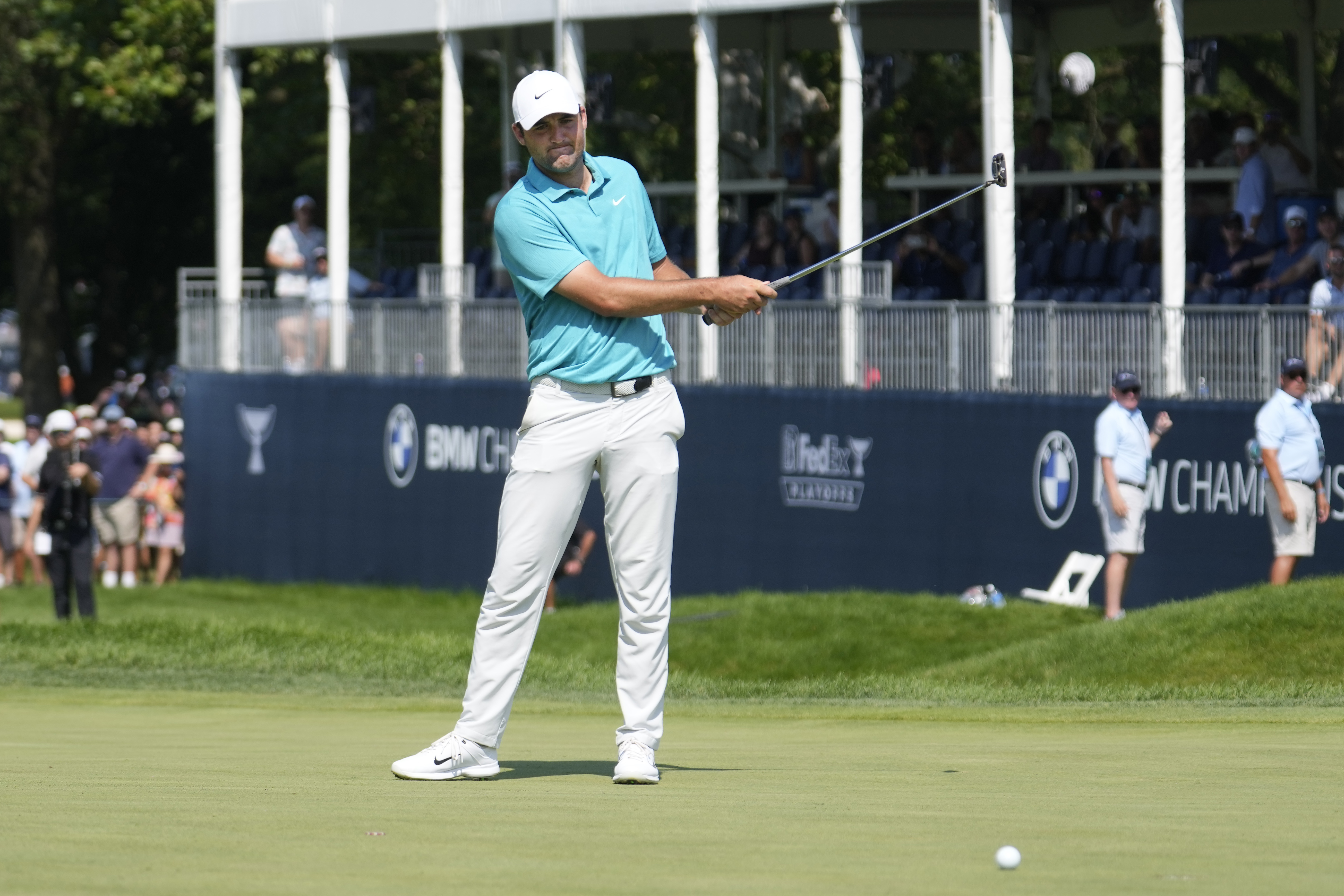 Scottie Scheffler reacts to missing a birdie putt on the ninth hole during the final round of the BMW Championship golf tournament, Sunday, Aug. 20, 2023, in Olympia Fields, Ill. 