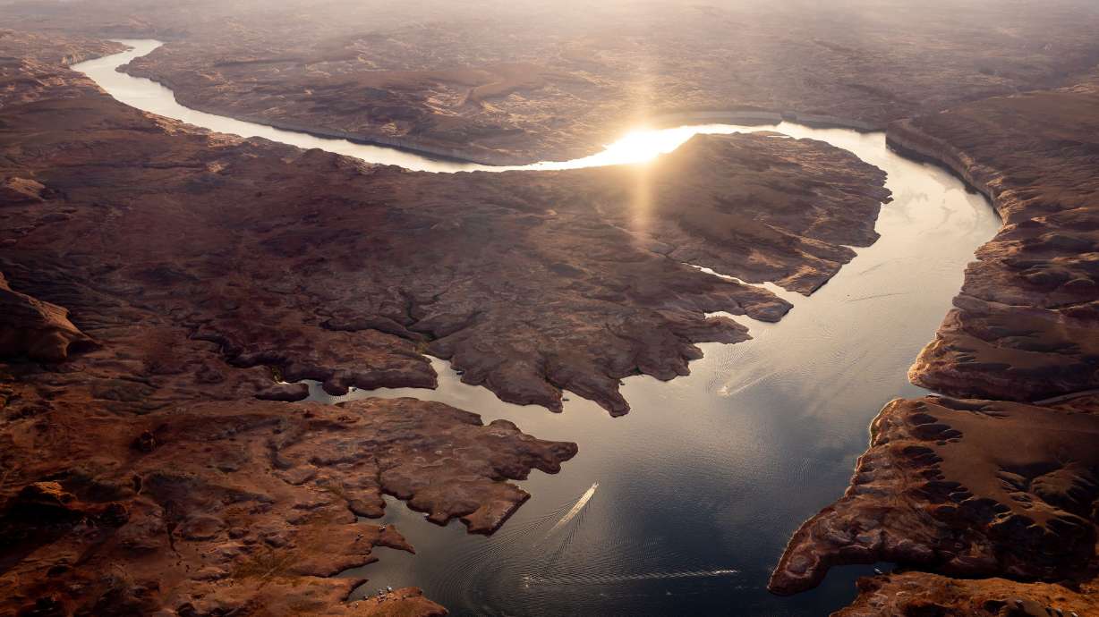 The upper reaches of Lake Powell in southern Utah are pictured on July 22, 2022. Lake Powell’s water levels appear to have peaked for the year.