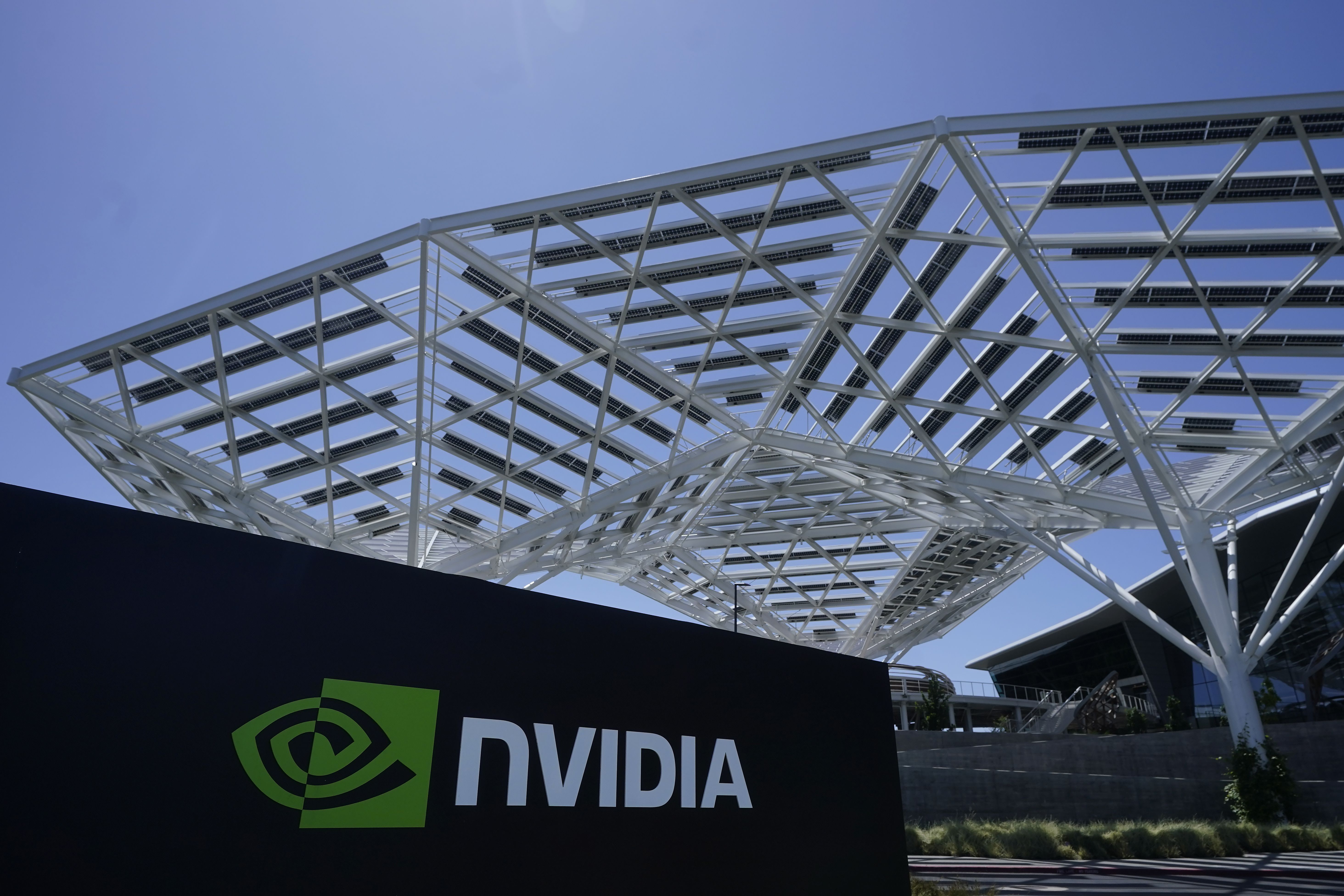A Nvidia Corporation sign is shown in Santa Clara, Calif., on May 31. The microchip maker is reporting a massive stock boost.