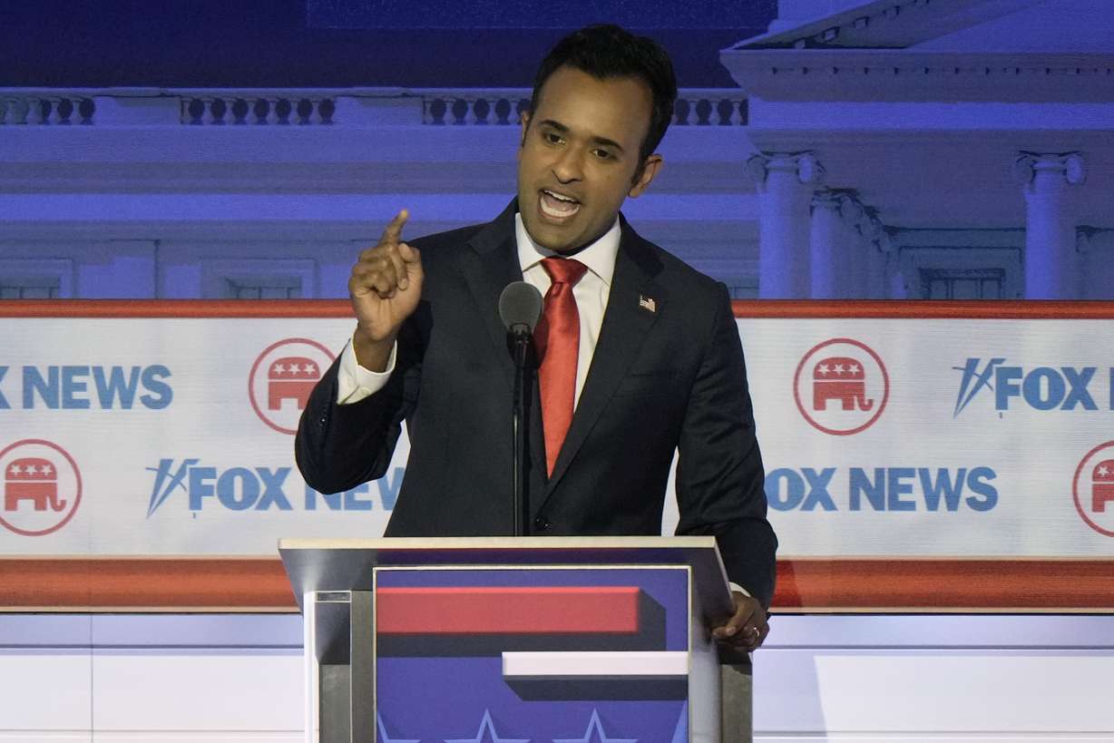 Republican presidential candidate businessman Vivek Ramaswamy speaks during a Republican presidential primary debate hosted by Fox News on Wednesday in Milwaukee.
