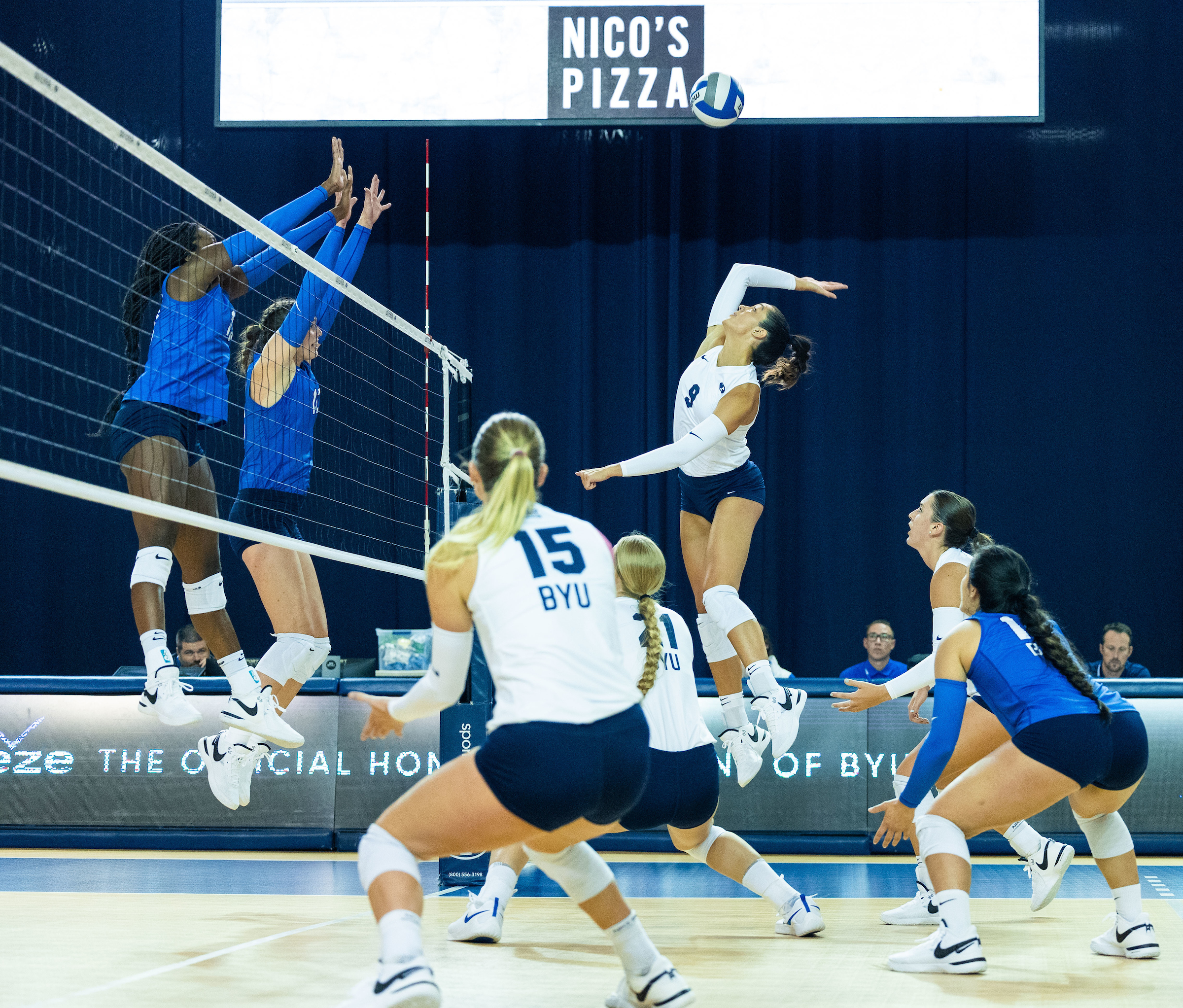 BYU outside hitter Alyssa Erickson takes a swing during the Blue-White scrimmage, Saturday, Aug. 19, 2023, in the Smith Fieldhouse in Provo.