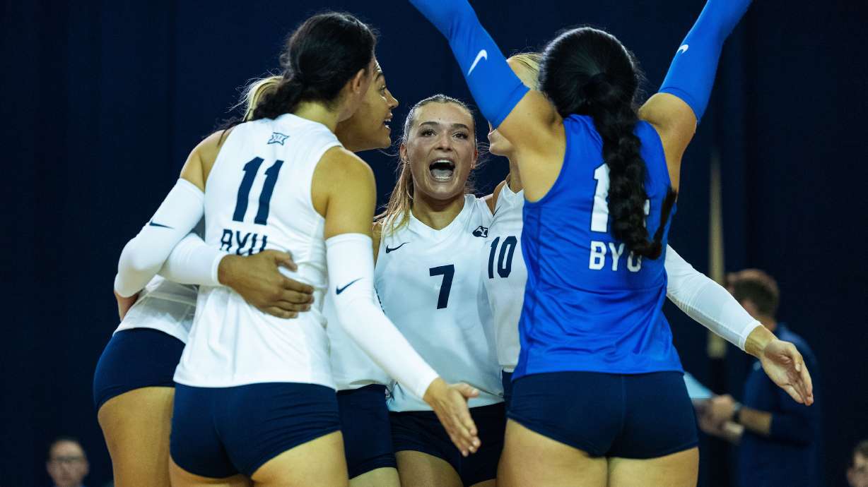 BYU setter Whitney Bower (7) celebrates a point with her team during the Blue-White scrimmage, Saturday, Aug. 19, 2023, in the Smith Fieldhouse in Provo.