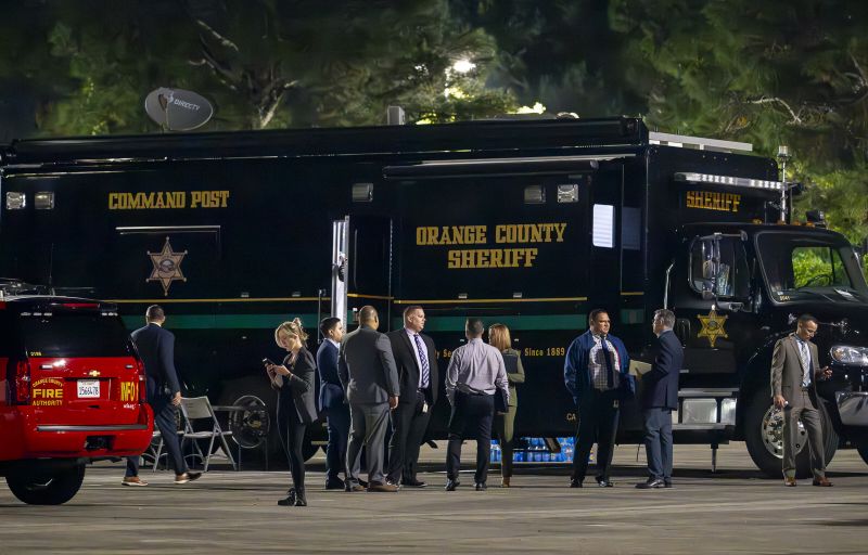 The Orange County Sheriff's mobile command post uses the parking lot at Saddleback Church as as staging area in Lake Forest, Calif., Wednesday, after a fatal shooting at Cook's Corner in Trabuco Canyon.