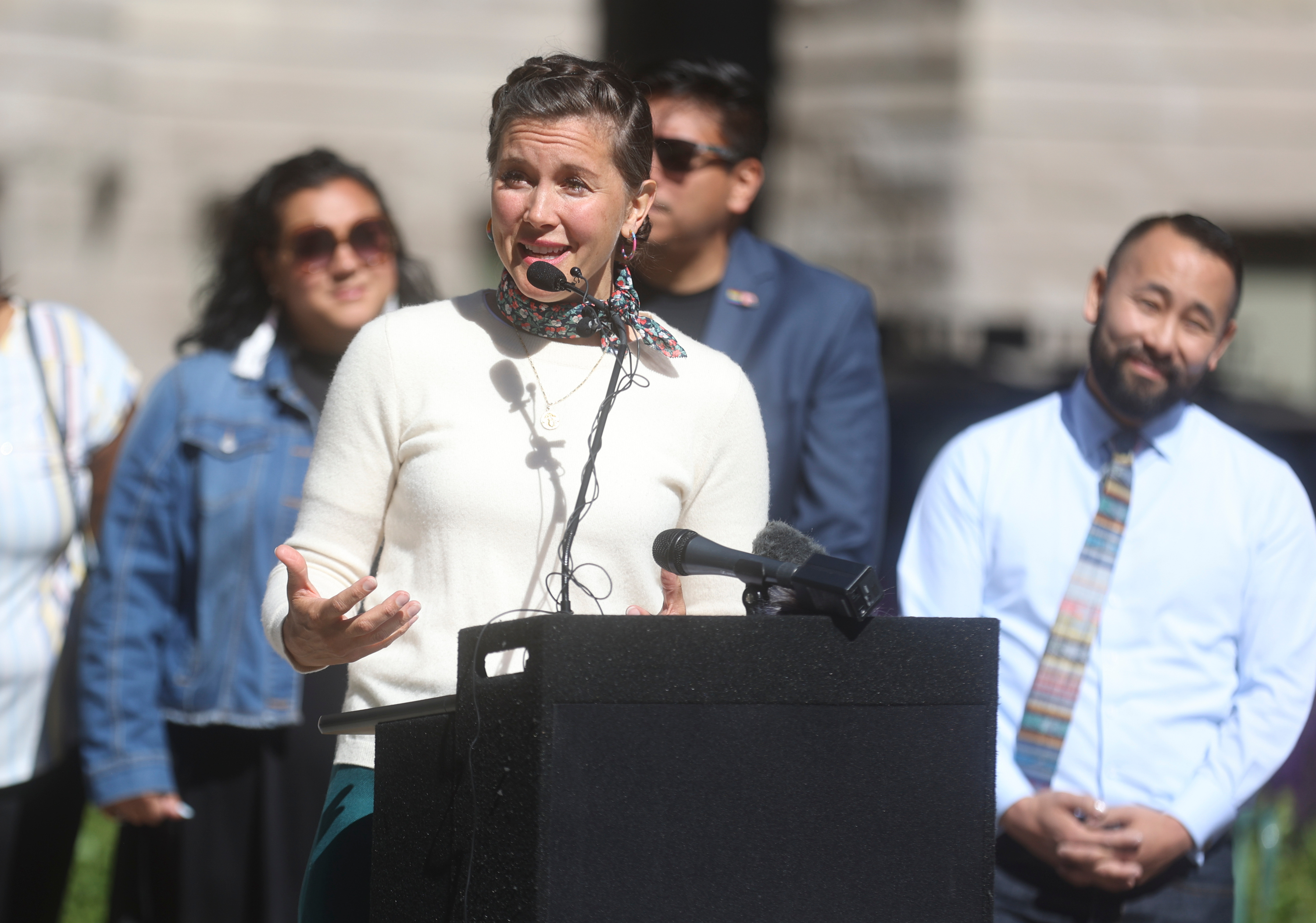 Salt Lake City Mayor Erin Mendenhall speaks in Salt Lake City on June 1, 2022, with some members of the city council behind her. All seven of council members endorsed Mendenhall on Thursday.