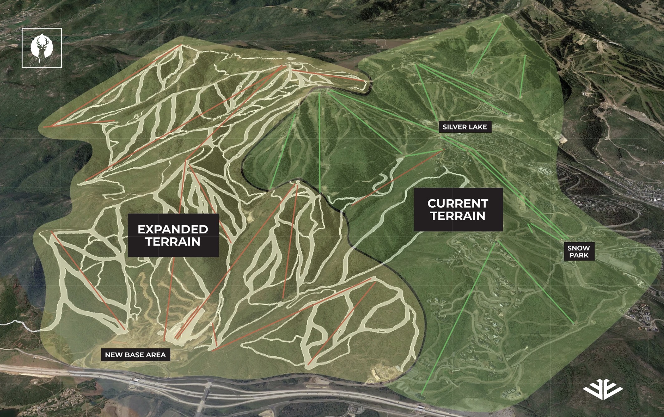 This map shows where new terrain will be located at Deer Valley Resort next to its existing terrain. The resort will feature 5,726 acres of skiable terrain, including 37 chairlifts that reach more than 200 ski runs when its expansion project is complete in the next few years, resort officials say.