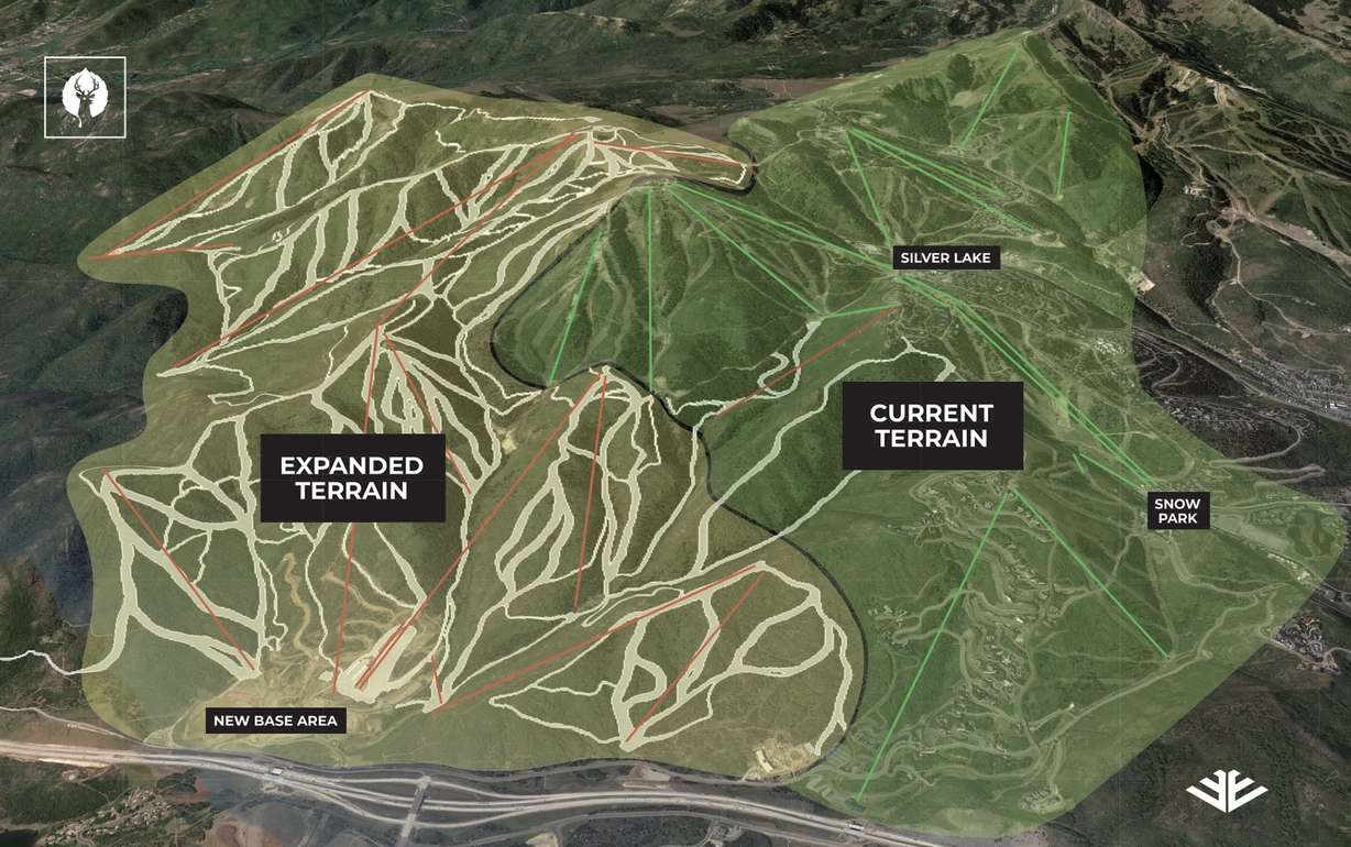 This map shows where new terrain will be located at Deer Valley Resort next to its existing terrain. The resort will feature 5,726 acres of skiable terrain, including 37 chairlifts that reach more than 200 ski runs when its expansion project is complete in the next few years, resort officials say.