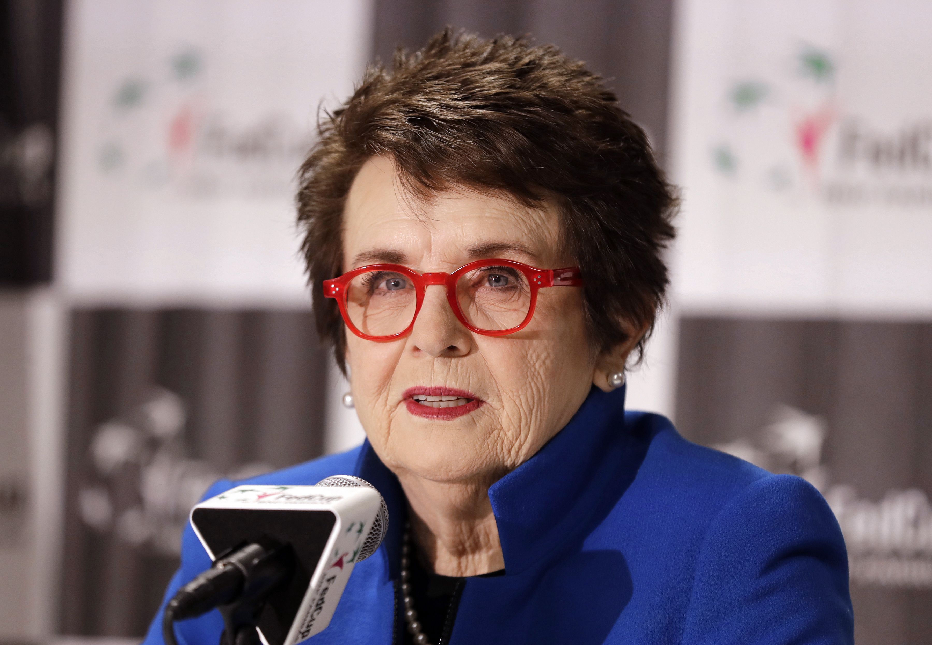 FILE - Billie Jean King speaks to the media before the first-round Fed Cup tennis matches between the United States and Australia, Feb. 9, 2019, in Asheville, N.C. King had just won the 1972 U.S. Open singles title when she demanded that the women's champion be paid the same as the men's winner the next year. That led the U.S. Open to become in 1973 the first sporting event to offer equal pay, and the 50th anniversary of that is being celebrated at this year's event. 