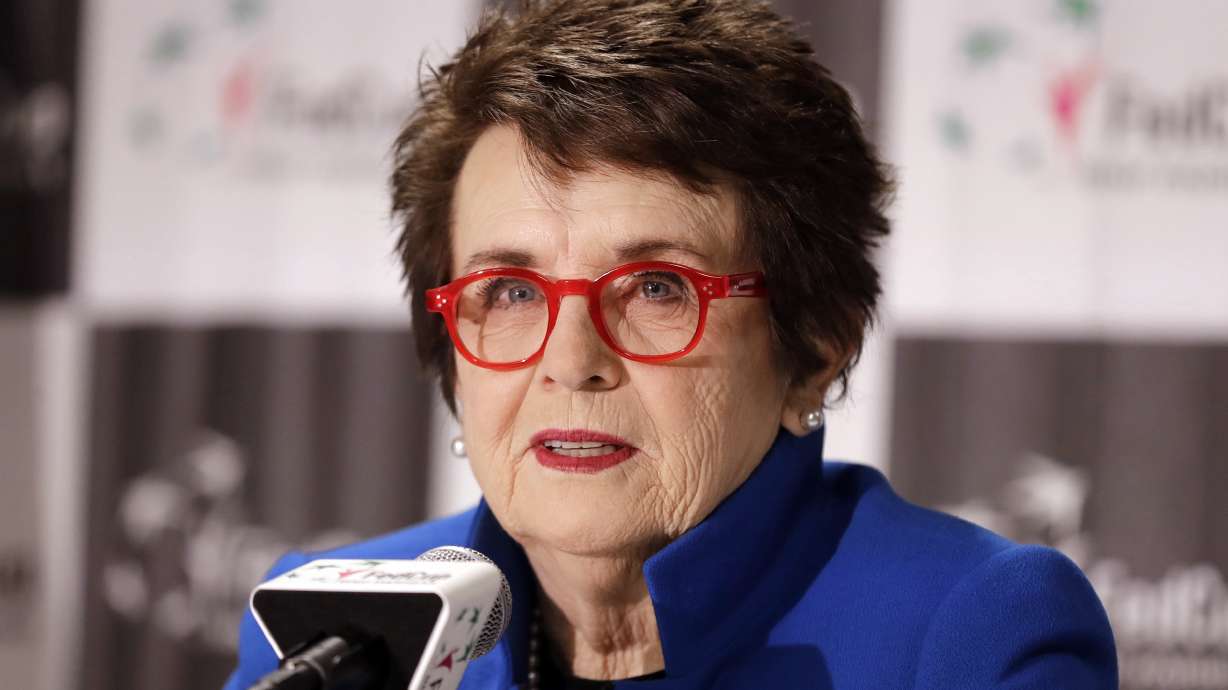 FILE - Billie Jean King speaks to the media before the first-round Fed Cup tennis matches between the United States and Australia, Feb. 9, 2019, in Asheville, N.C. King had just won the 1972 U.S. Open singles title when she demanded that the women's champion be paid the same as the men's winner the next year. That led the U.S. Open to become in 1973 the first sporting event to offer equal pay, and the 50th anniversary of that is being celebrated at this year's event.