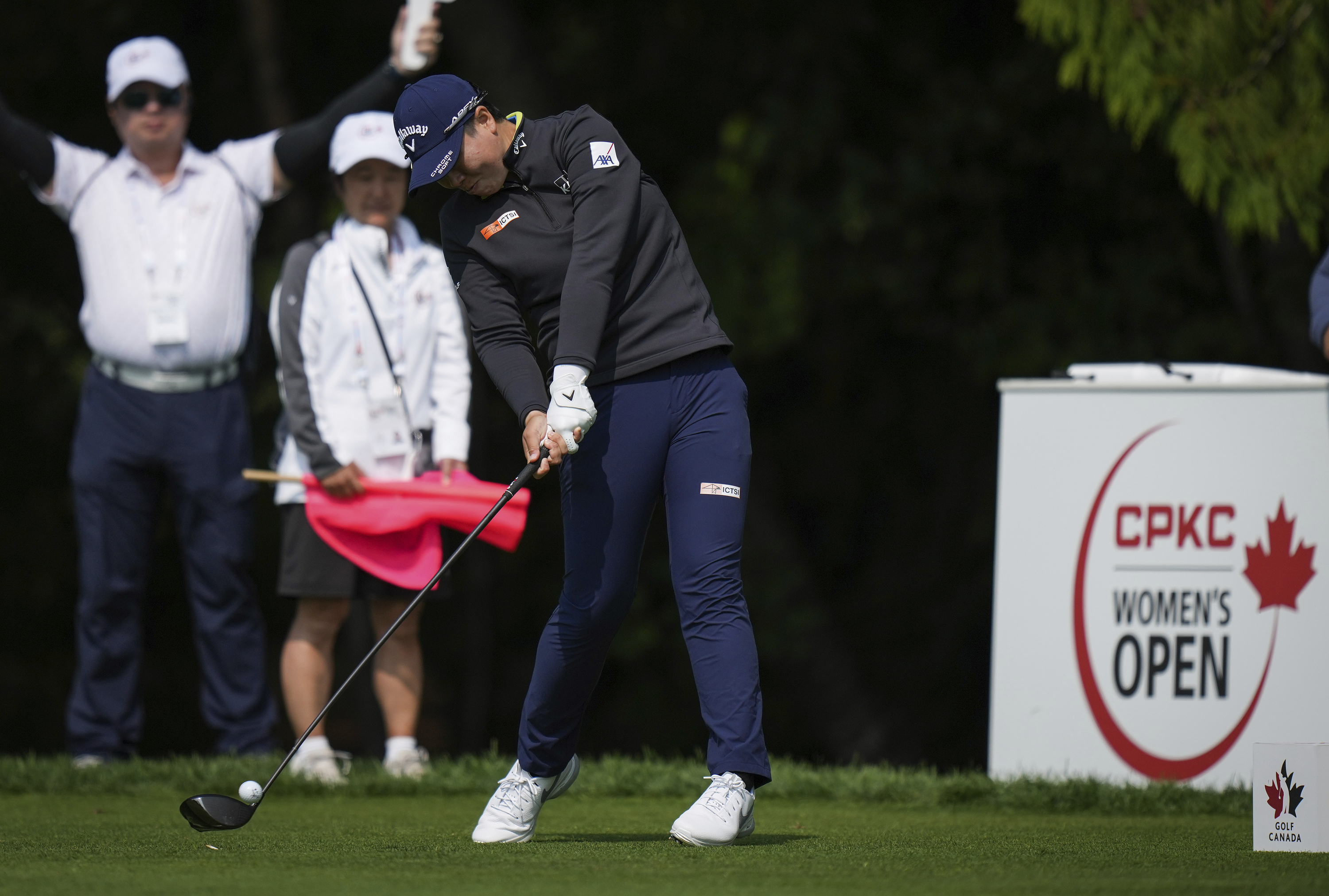 Yuka Saso, of Japan, hits her tee shot on the seventh hole during the first round at the CPKC Canadian Women's Open golf tournament in Vancouver, British Columbia, Thursday, Aug. 24, 2023.