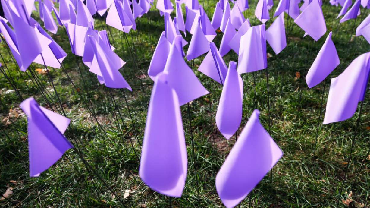 Purple flags are planted at Liberty Park in Salt Lake City on Oct. 17, 2020. The event was held by YWCA Utah to recognize the thousands of individuals in Utah who are impacted by domestic violence each year for the Stop the Violence Utah campaign.