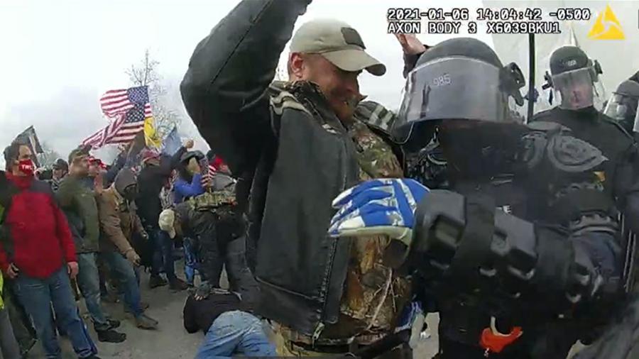 Body camera footage that investigators say is Justin Dee Adams, of West Jordan, who was involved in the Jan. 6, 2021, riot at the Capitol. Adams pleaded guilty Thursday to a felony assault charge related to the riot.
