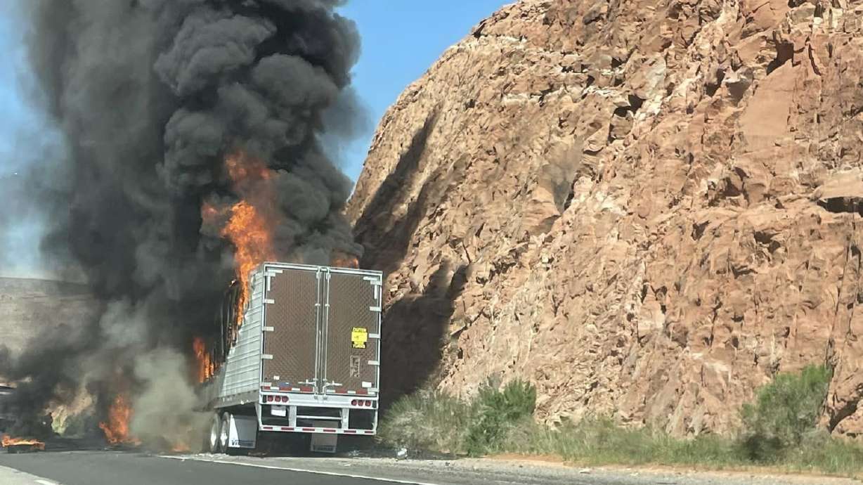 A semitractor-trailer filled with syrup caught fire on northbound I-15 in the Virgin River Gorge Thursday afternoon. Traffic was impacted throughout the evening.