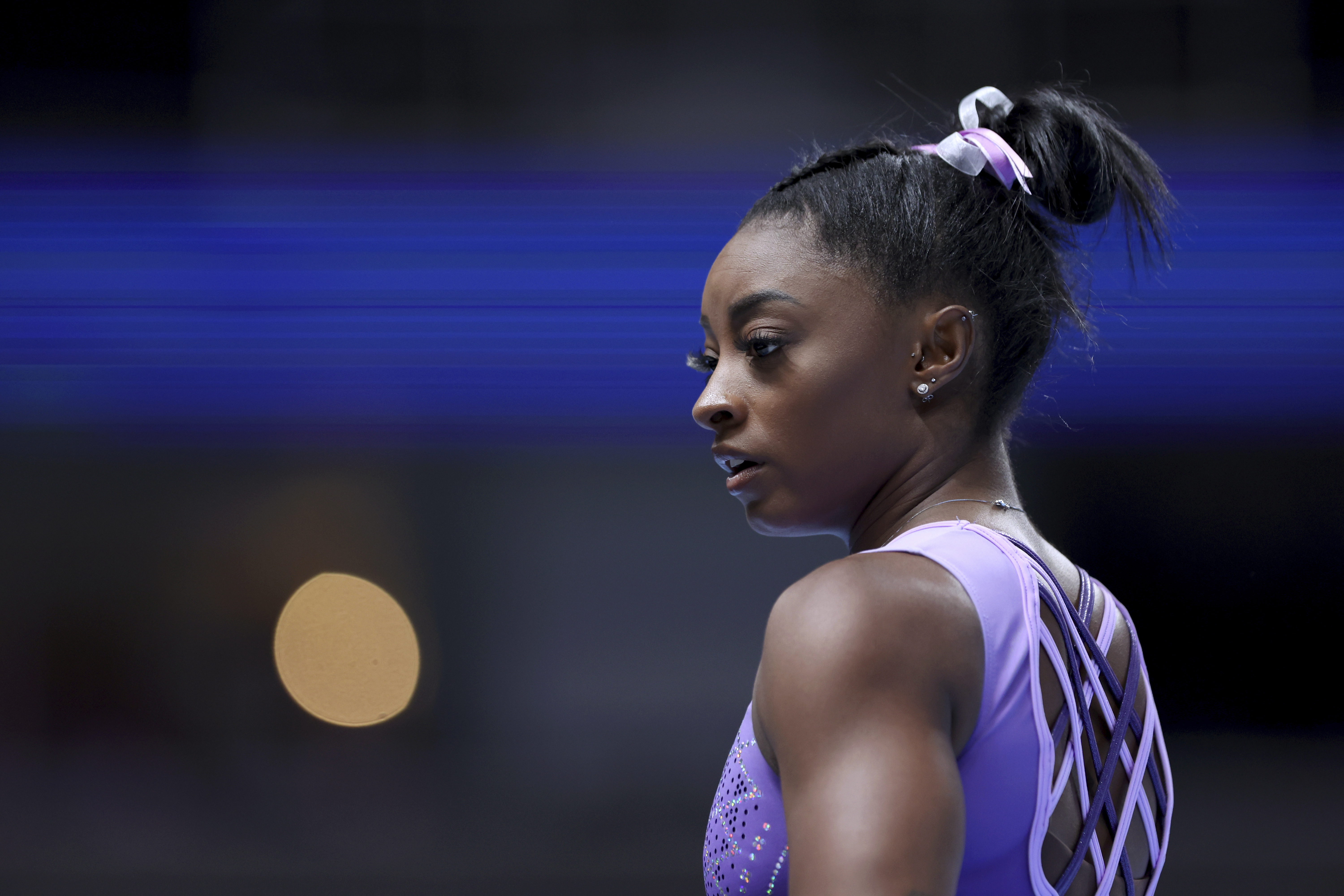 Simone Biles warms up at the U.S. Gymnastics Championships, Friday, Aug. 25, 2023, in San Jose, Calif. 