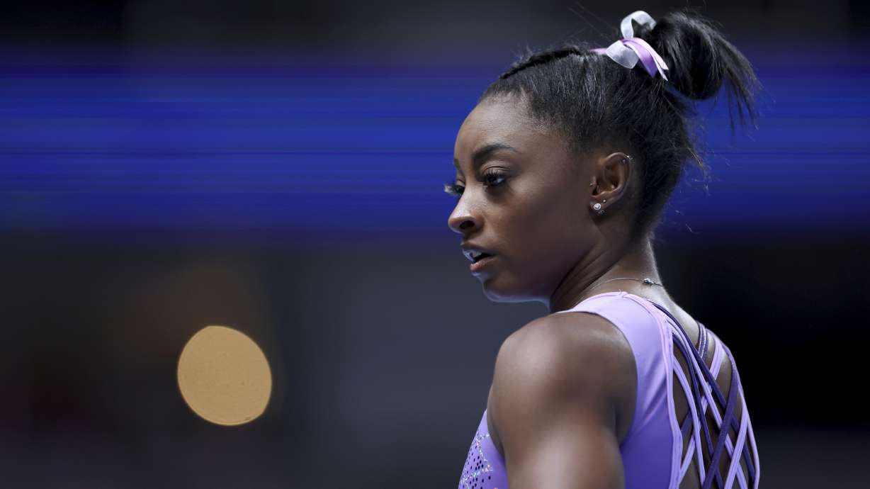 Simone Biles warms up at the U.S. Gymnastics Championships, Friday, Aug. 25, 2023, in San Jose, Calif.