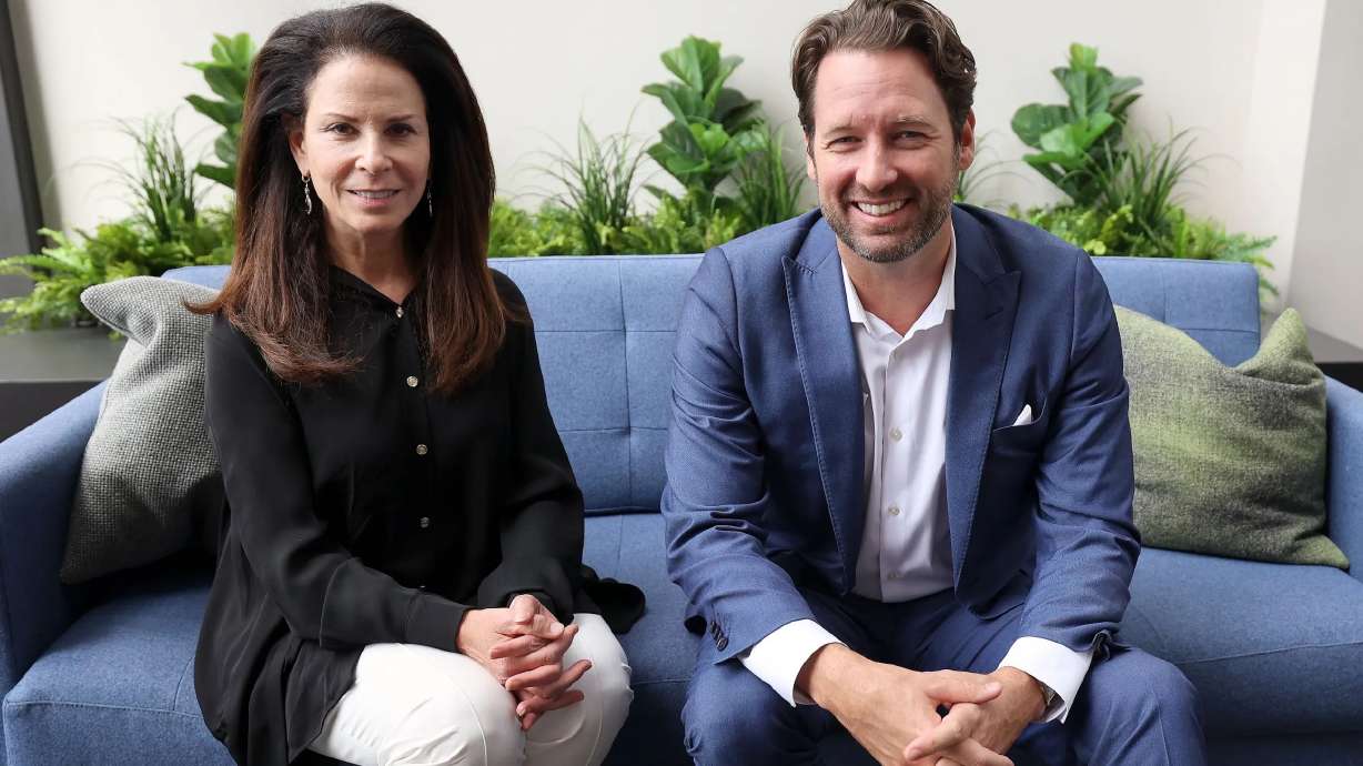 No Labels CEO Nancy Jacobson and National Director Joe Cunningham pose for a portrait at the Deseret News offices in Salt Lake City on Thursday.